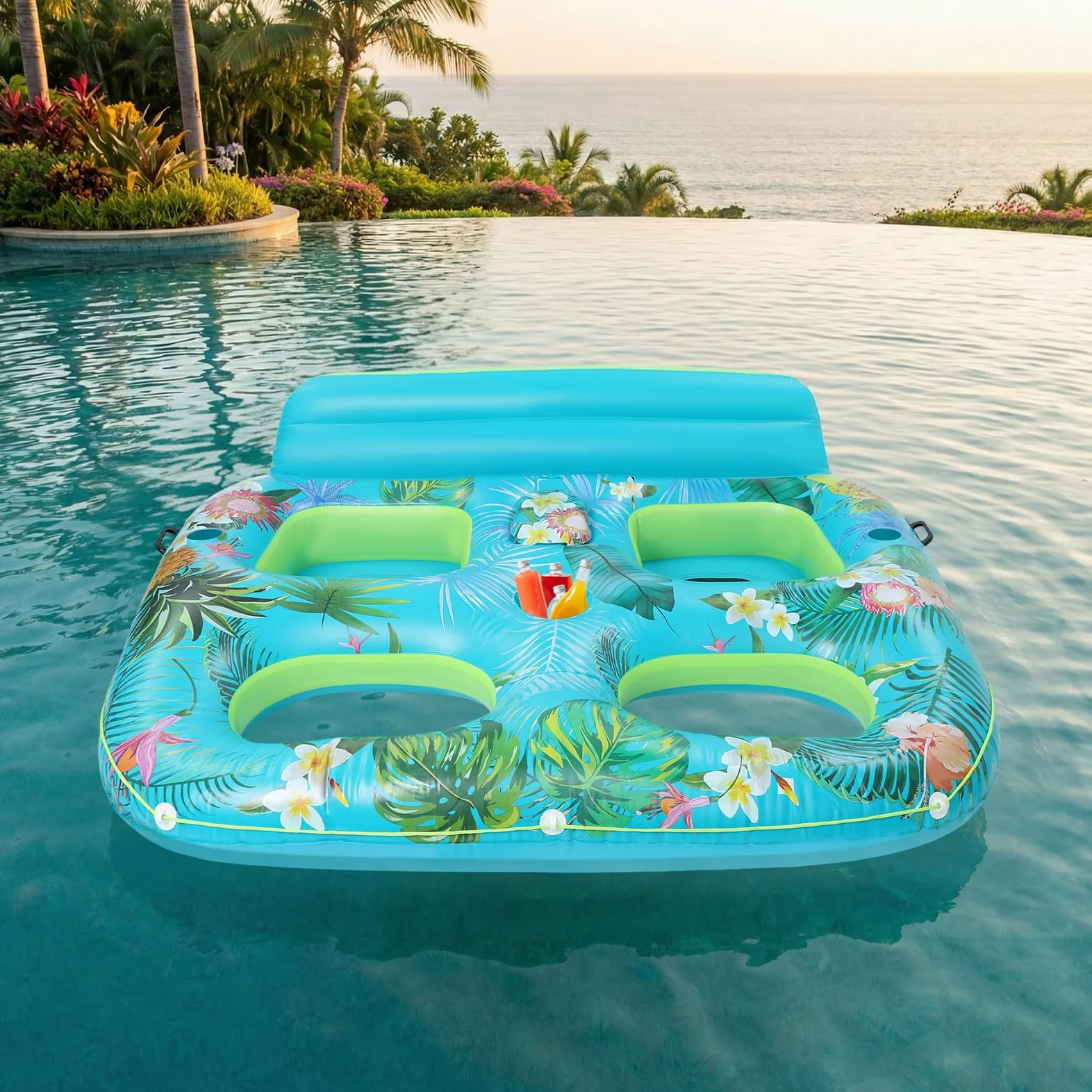 Colchón hinchable para 2 personas, sillón flotante con soporte para bebidas y asa, piscina con red, perfecto para vacaciones, piscina, piscina al aire libre