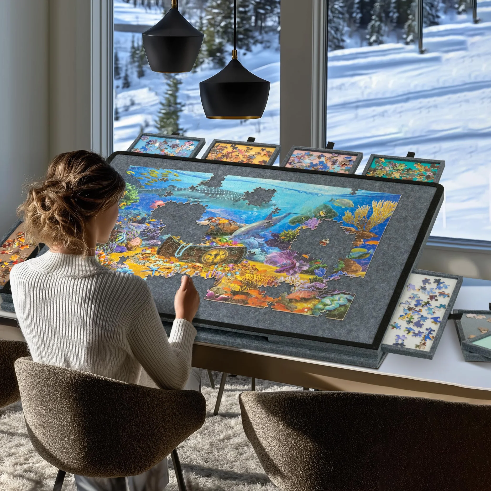 Becko US Tablero de rompecabezas inclinable con soporte y cubierta 2 en 1, estuche de almacenamiento de fieltro ligero con 8 cajones para adultos y niños, mesa de rompecabezas portátil para juegos de