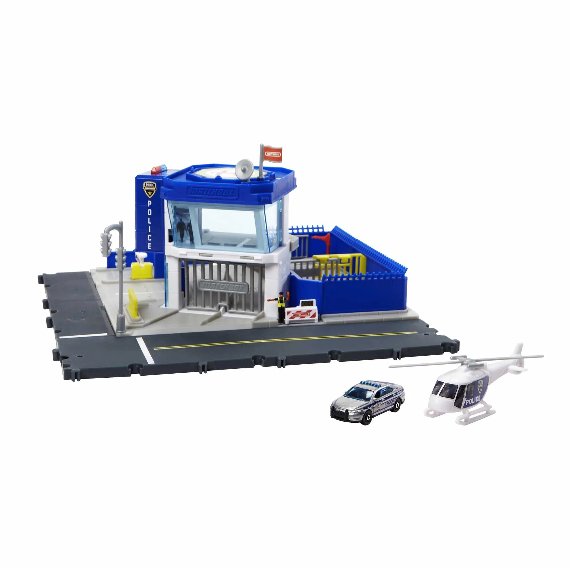 Matchbox Action Drivers Estación de policía Set de Juego con Pistas para Coches de Juguete con Sonidos, Incluye 1 vehículo y 1 helicóptero, +3 años (Mattel HHW22)