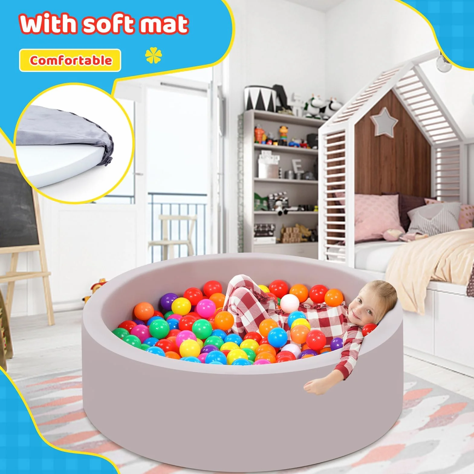 Piscina de bolas para bebés con 100 bolas tricolores, Bolas para piscina de bolas para bebés con bolas de plástico incluidas Piscina de bolas redonda suave plegable grande para niños pequeños Interior