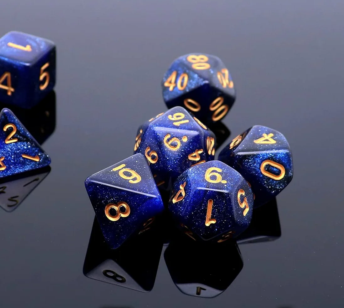 DND Dados Poliédricos D&D Juego de Rol Con Bolsa de 7 Piezas, Diseño Nebulosa Azul Oscuro y Negro