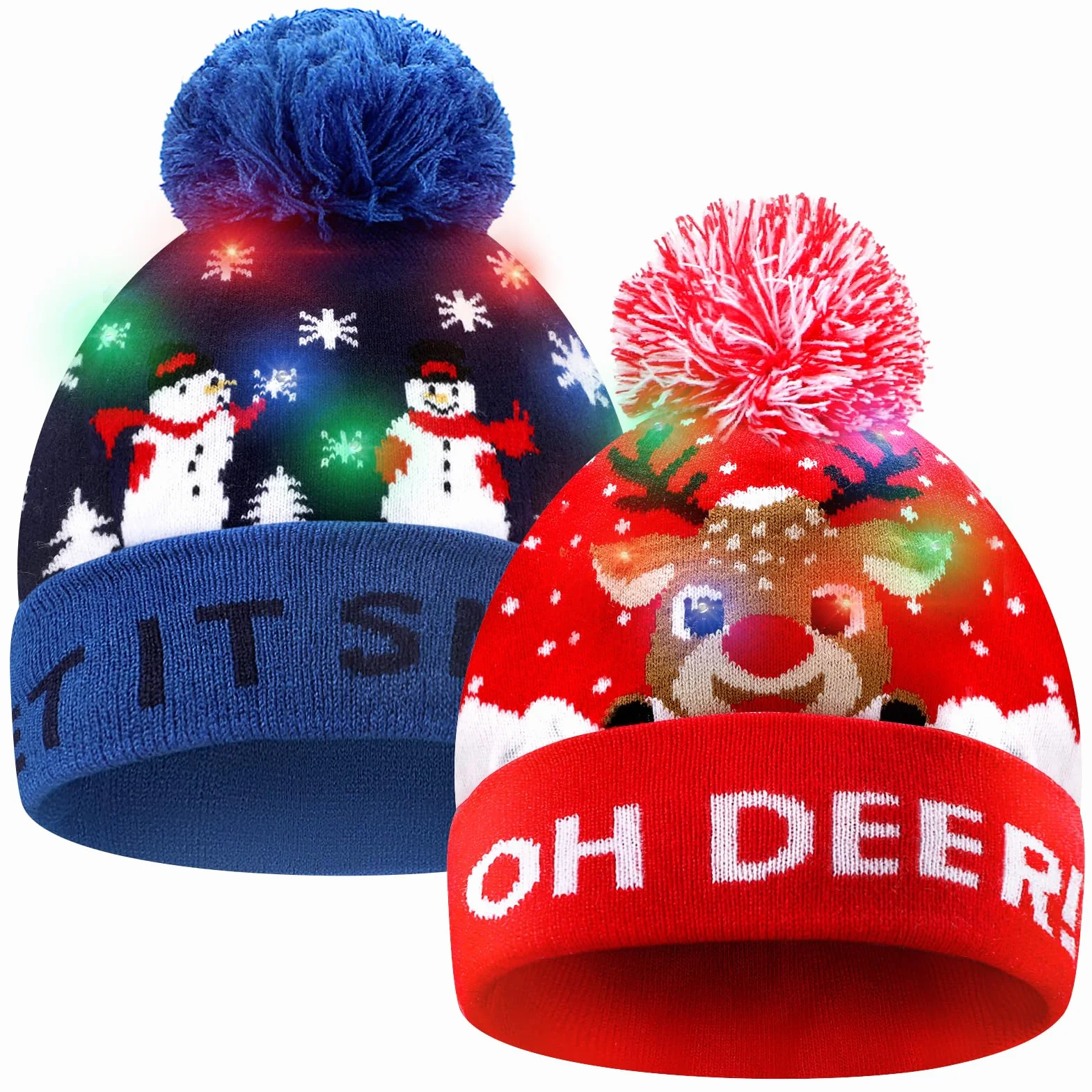 Sombrero de Navidad de punto LED, 2 piezas de gorro de Navidad Gorro de invierno, nieve, vacaciones, para niños, hombres, mujeres, niños, niñas, festival de Navidad, fiesta de cumpleaños