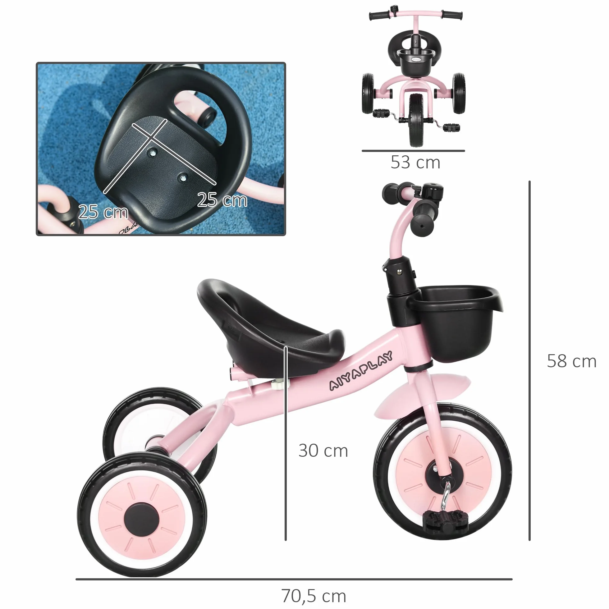 AIYAPLAY Triciclo para Niños de 2 a 5 Años Bicicleta Infantil con Asiento Ajustable Cesta Timbre Pedales y 3 Ruedas Carga 25 kg 70,5x53x58 cm Rosa