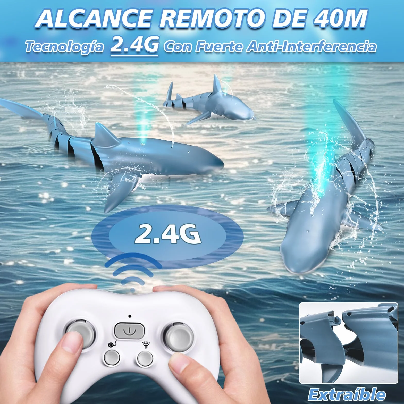 YOOHBERRYS Tiburon Teledirigido, 2.4GHz Tiburon Teledirigido Acuatico, RC Barco Tiburón con Luces y Chorros de Agua, Juguete de Piscina Regalo para 6+ Años Niño Niña