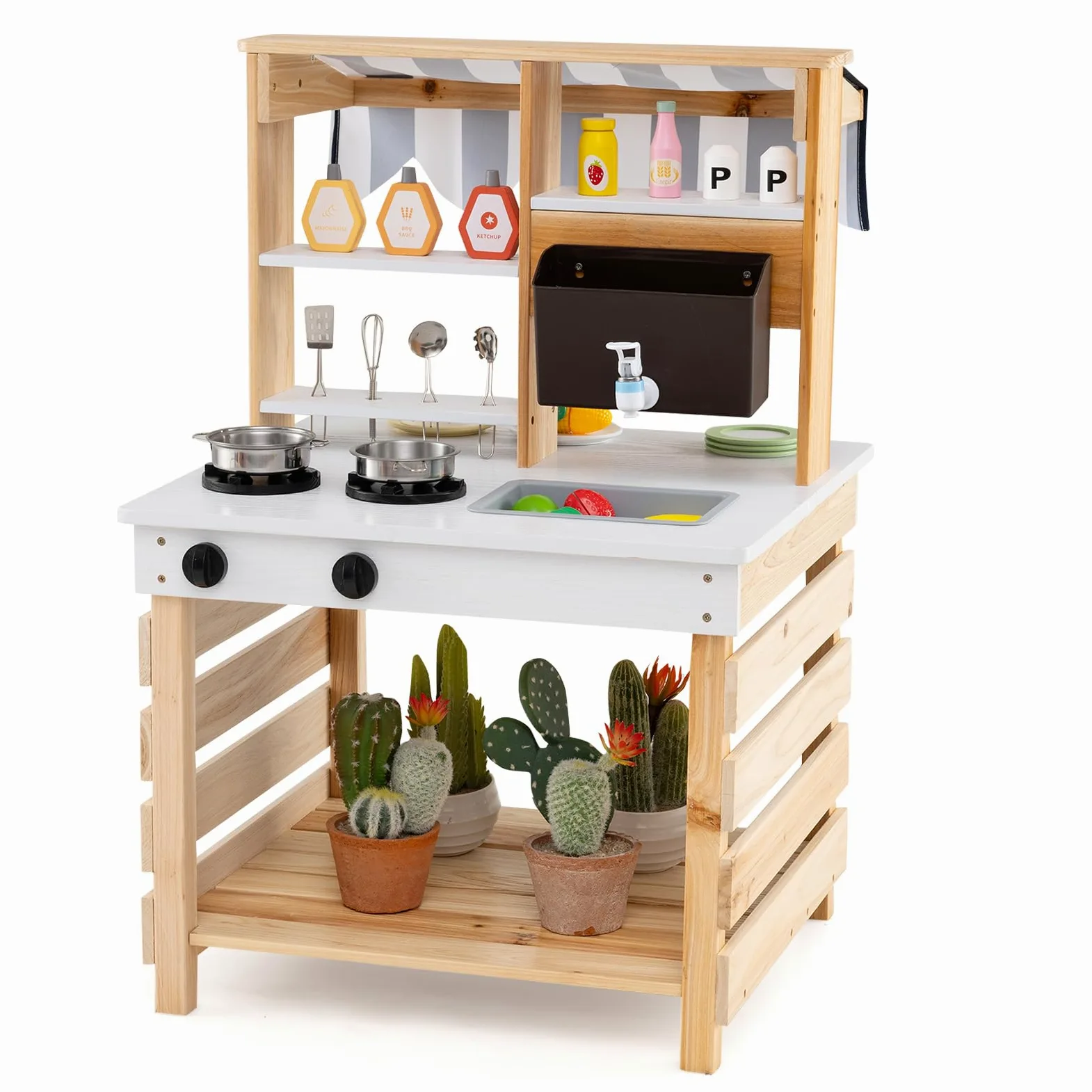 HOMASIS Cocina Infantil de Barro, Cocina de Juguete de Madera de Abeto con Fregadero, Cocina de Juegos de Doble Cara con Techo y 6 Accesorios, Cocina Exterior para niños 3+ años, 58x56x87cm (Natural)