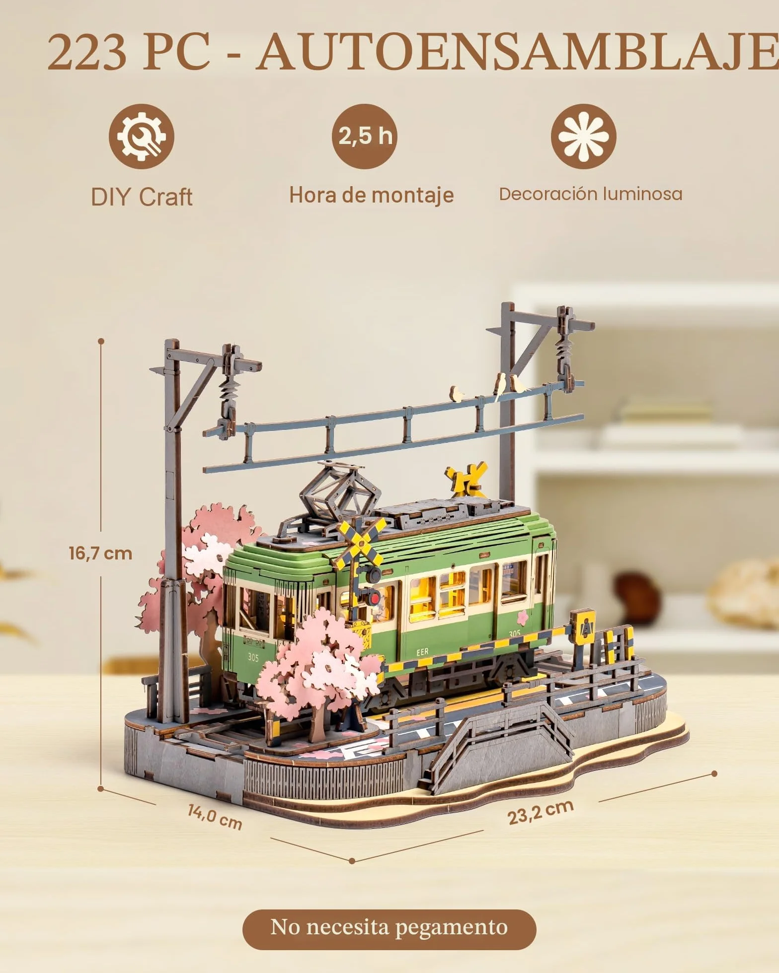 ROBOTIME Puzzle 3D Madera Tranvía Sakura con Luces LED, Maquetas para Construir Adultos, Manualidades Decoración del Hogar, Regalo para Adultos, Mujeres y Niñas