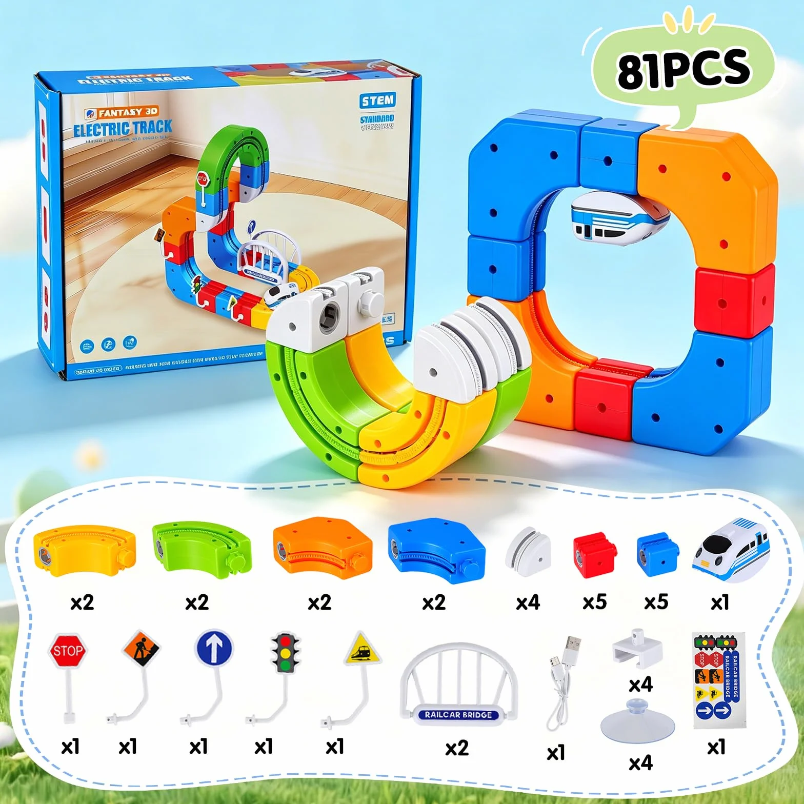 Tren Eléctrico Niños 82 Piezas con 1 Tren – Pista 3D Antigravedad klick-Rail, Bloques de Construcción DIY Cube Track, Juguete Educativo Stem para Niños de 4 a 8 Años