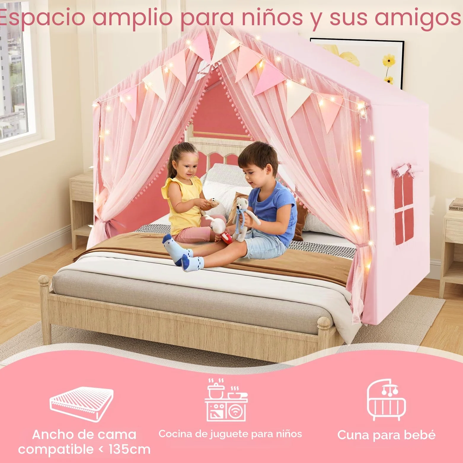 HOMASIS Tienda de Campaña Infantil con Colchoneta de Algodón, Casitas Infantil Tela de Interior con Luces, Cortina y Banderas, Cabañas para Niños a Partir de 3 Años, 146x96x133cm (Rosa)