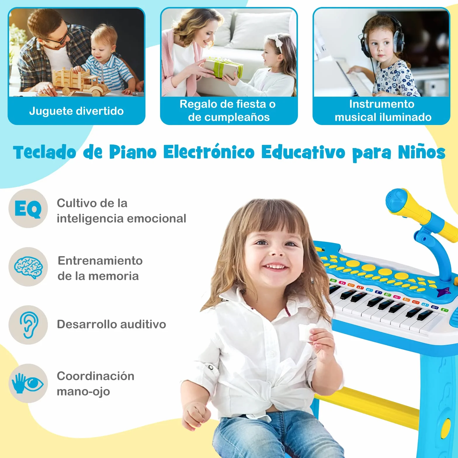 COSTWAY Teclado Piano Infantil de 31 Teclas, Juguete Musical Piano Infantil para Niños con Efectos de Luz, Múltiples Sonidos, Micrófono y Taburete, Órgano Electrónico Educativo para 3＋Niños (Azul)