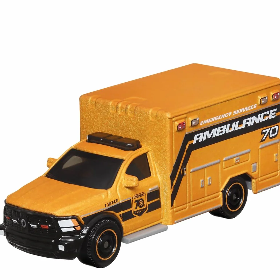 Matchbox Moving Parts 70 Years Special Edition Vehículo fundido a presión – HMV12 ~ Inspirado en la ambulancia Ram 2019 ~ 5/5 Naranja y Negro