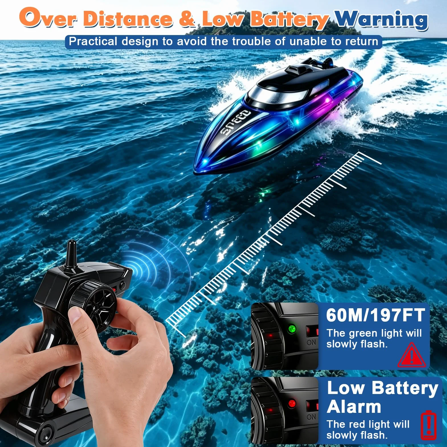 Barco Teledirigido para niños y Adultos, 2.4 GHz Barco de Control Remoto con luz RGB, Barco eléctrico Alta Velocidad 20 km/h Hélices Dobles Autoadrizable lanchas de Carreras para Piscinas Lagos