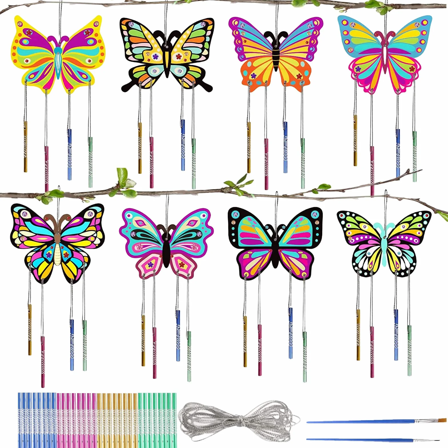 Juego de 8 piezas de carillón de viento de mariposas, juego de manualidades para niños, mariposas, madera, cumpleaños, manualidades, juegos creativos, discos de madera con 2 pinceles de pintura