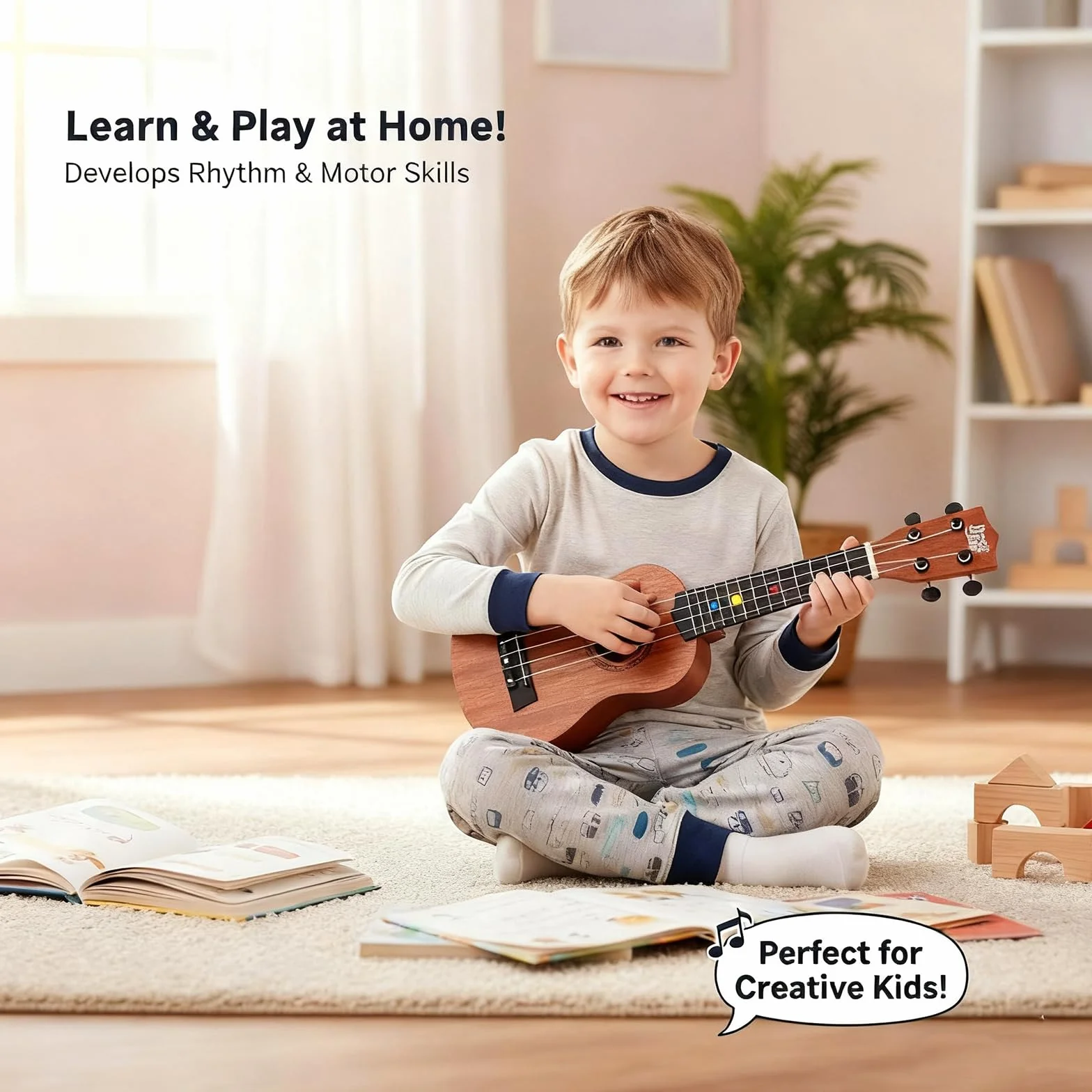 Guitarra Infantil, Juguete de Guitarra Infantil, Ukelele de Juguete para Niños, para Niños 4 Cuerdas Instrumentos Musicales Juguete Educativo, Adecuado para niños de 3 a 6 años (Registro 44cm)