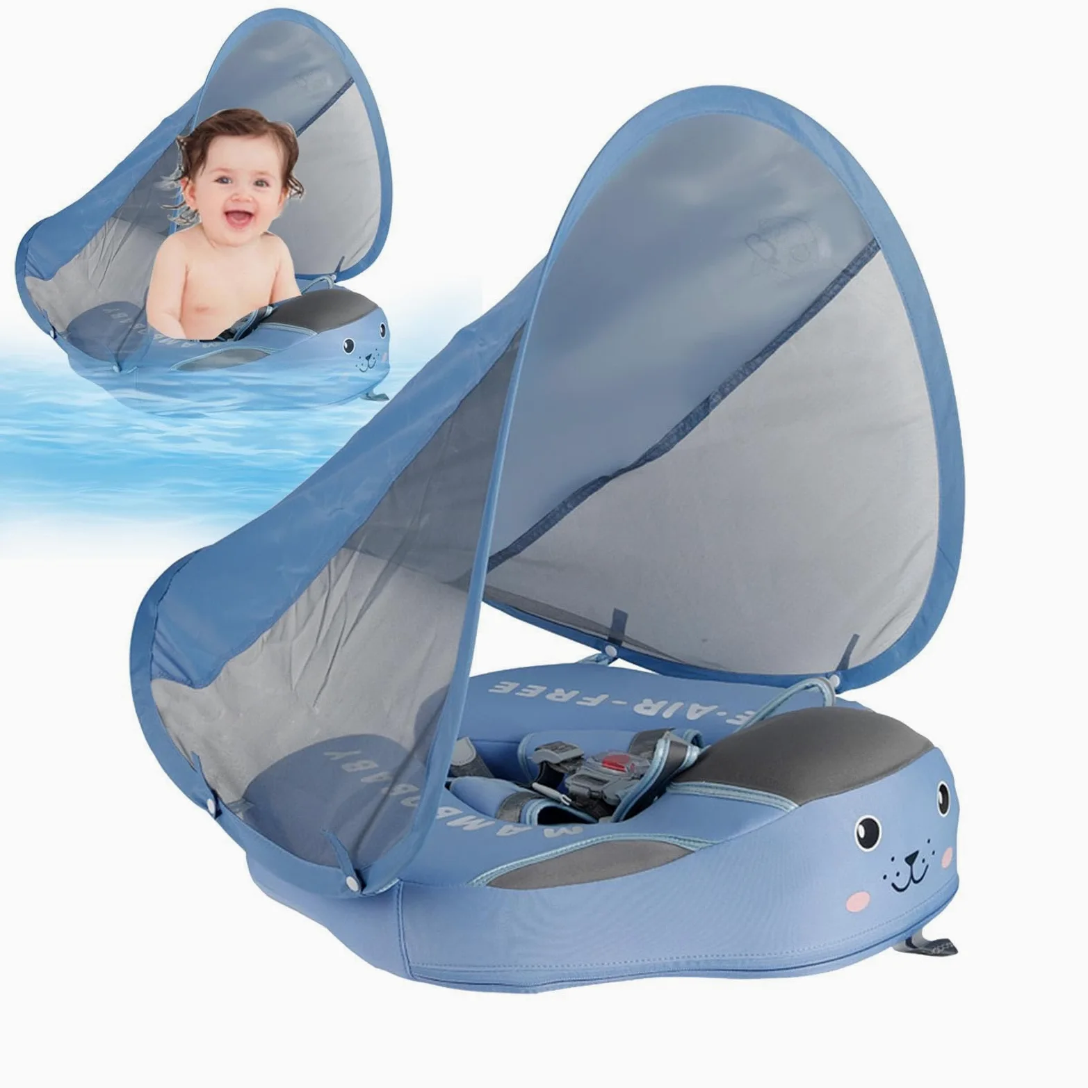 Ayuda de natación para bebé, anillo de natación para niños pequeños sin inflar, ayuda de natación antivuelco con protección solar para 3-24 meses, para vacaciones en la playa, viajes y baño al aire
