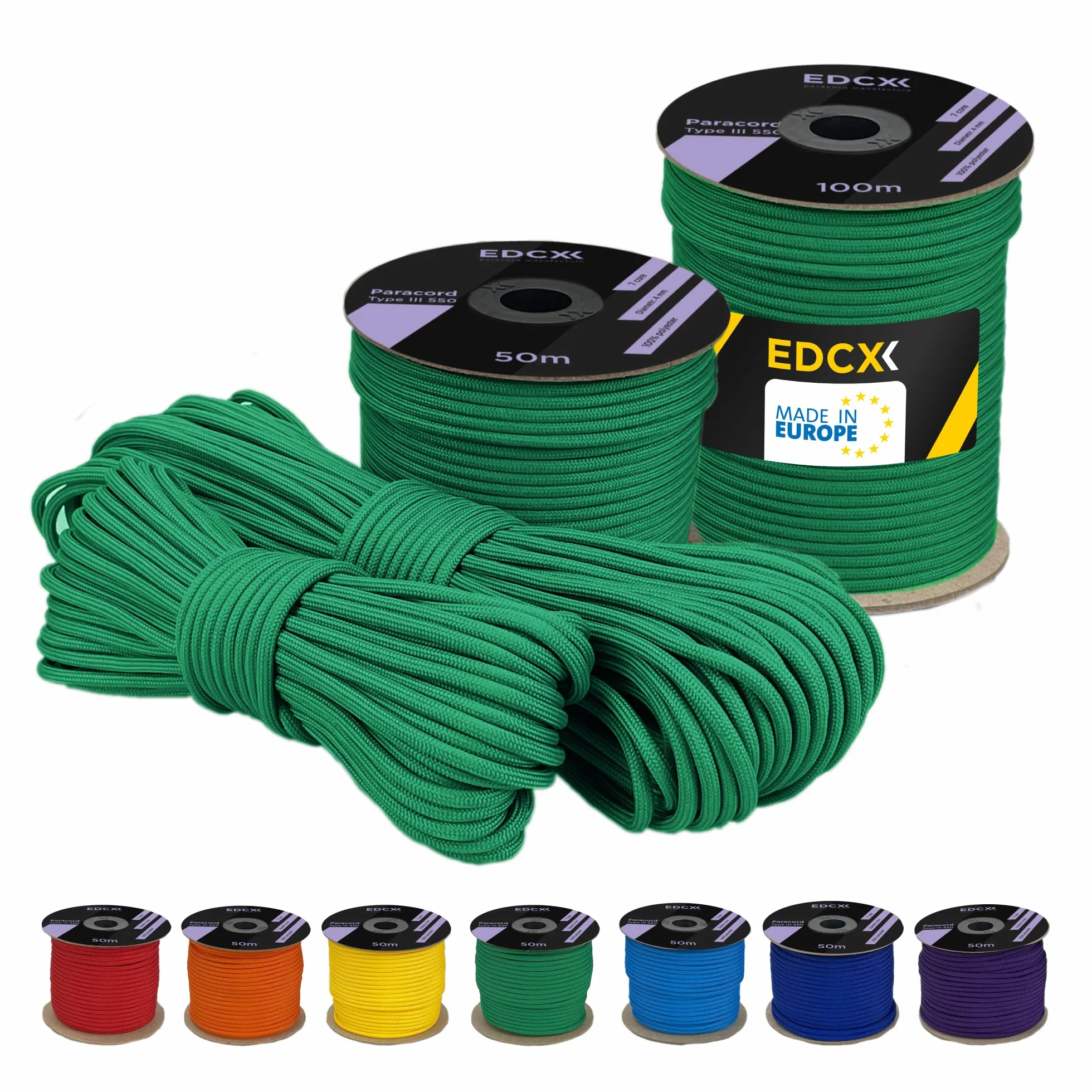 Cuerda de Nailon 4 mm Paracord 550 Tipo III - 7 hebras 100% Nailon (Green Meadow, 15 m)