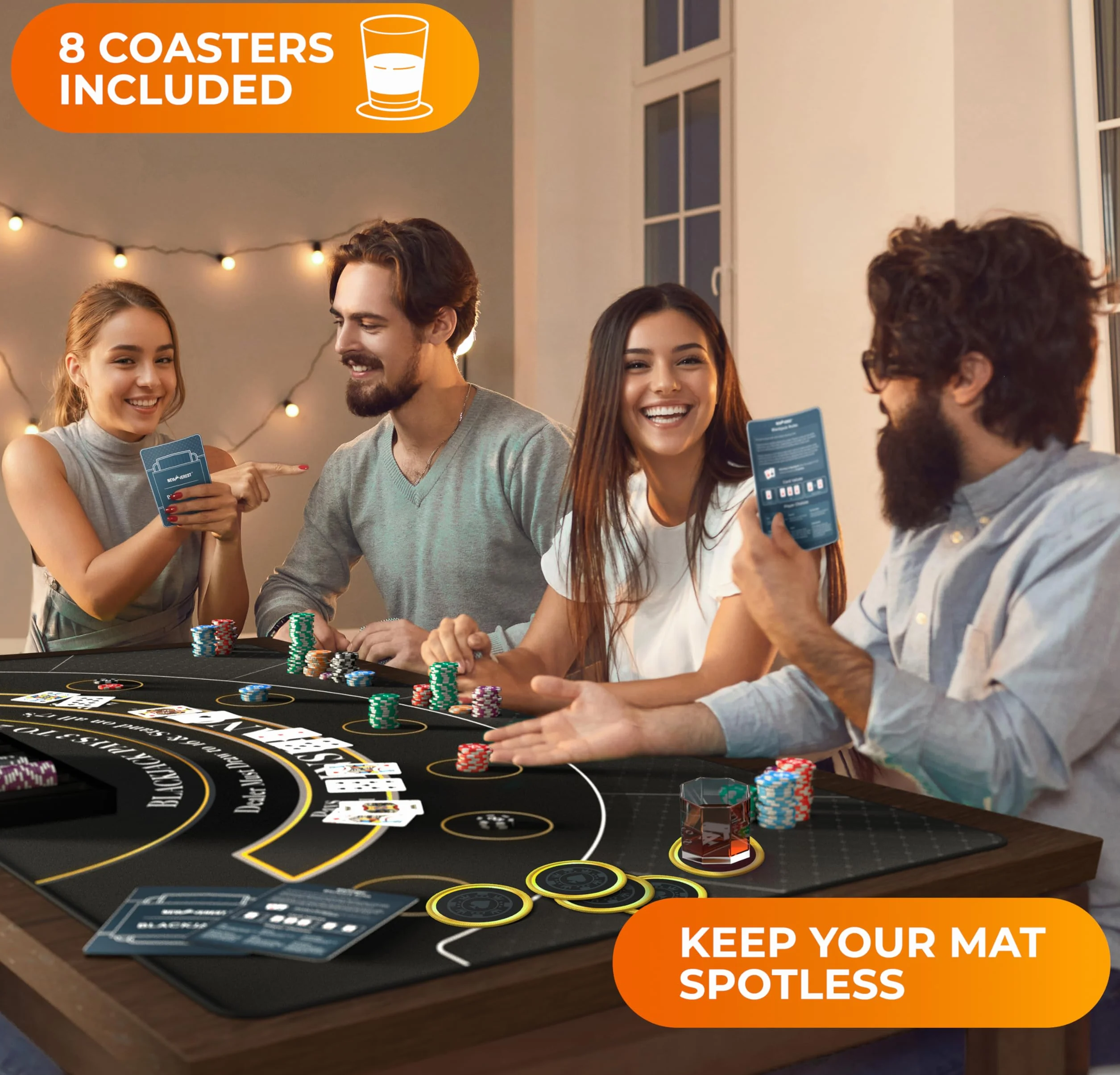 Newverest Tapete De Blackjack 178 x 89 cm (70x35 in), Tapete De Blackjack De Mesa Estilo Casino para Noches De Juego, con Bolsa con Cremallera Y 8 Posavasos En Caja Regalo