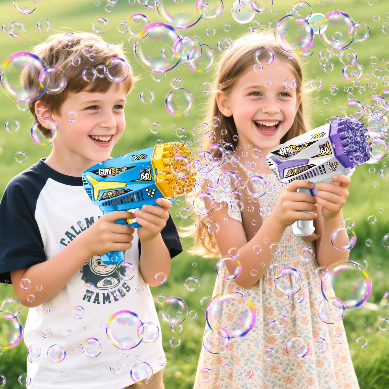 Pistola de Burbujas, 2 Piezas Máquina Automática Pompas de Jabón, con 4 Botellas de solución, 10 Packs Solución de Recarga de Burbujas, para Niños, Adultos, Juguete de Verano