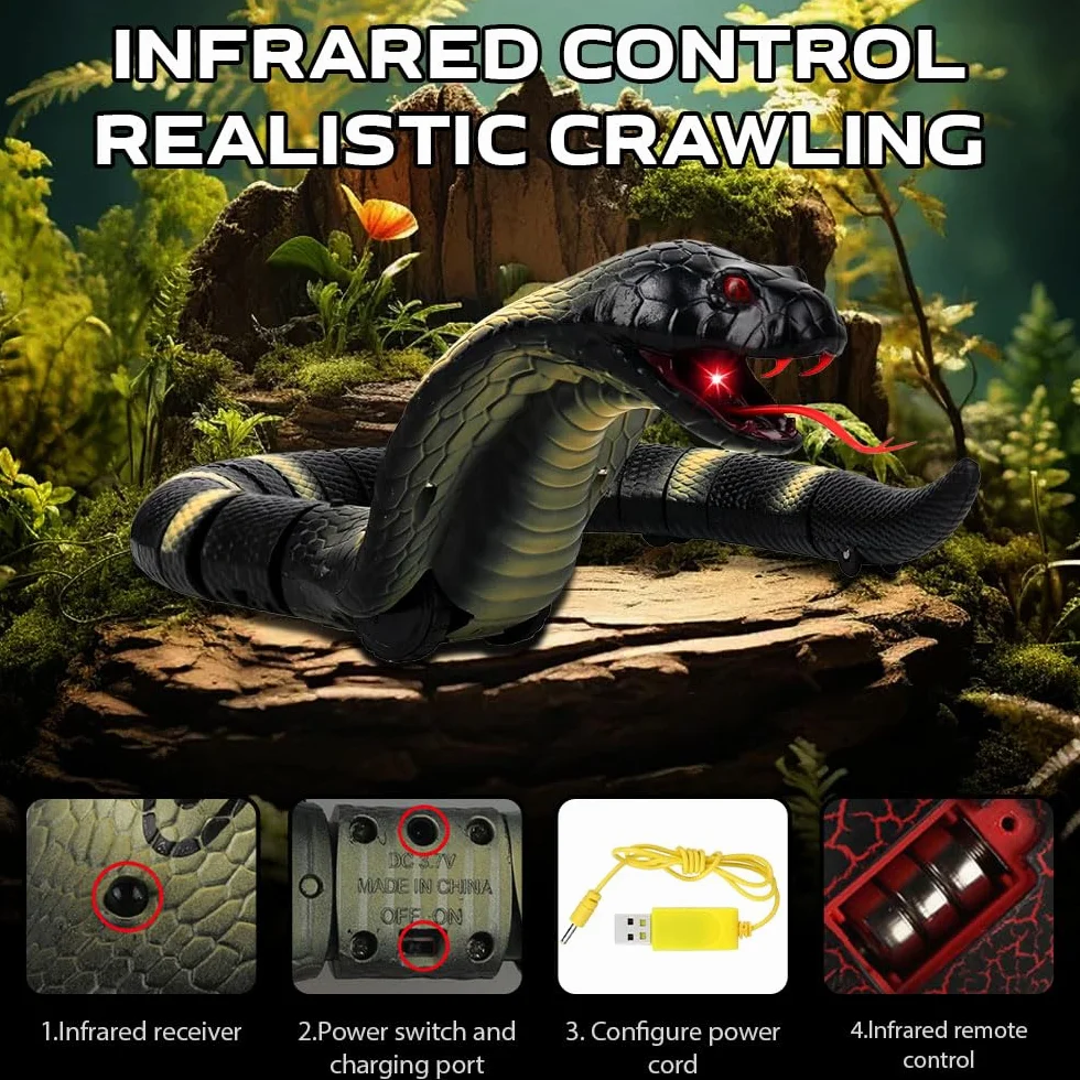 Serpiente teledirigida, RC teledirigido cobra serpiente, serpiente de juguete eléctrico, con mando a distancia, ojos LED brillantes, lengua retráctil