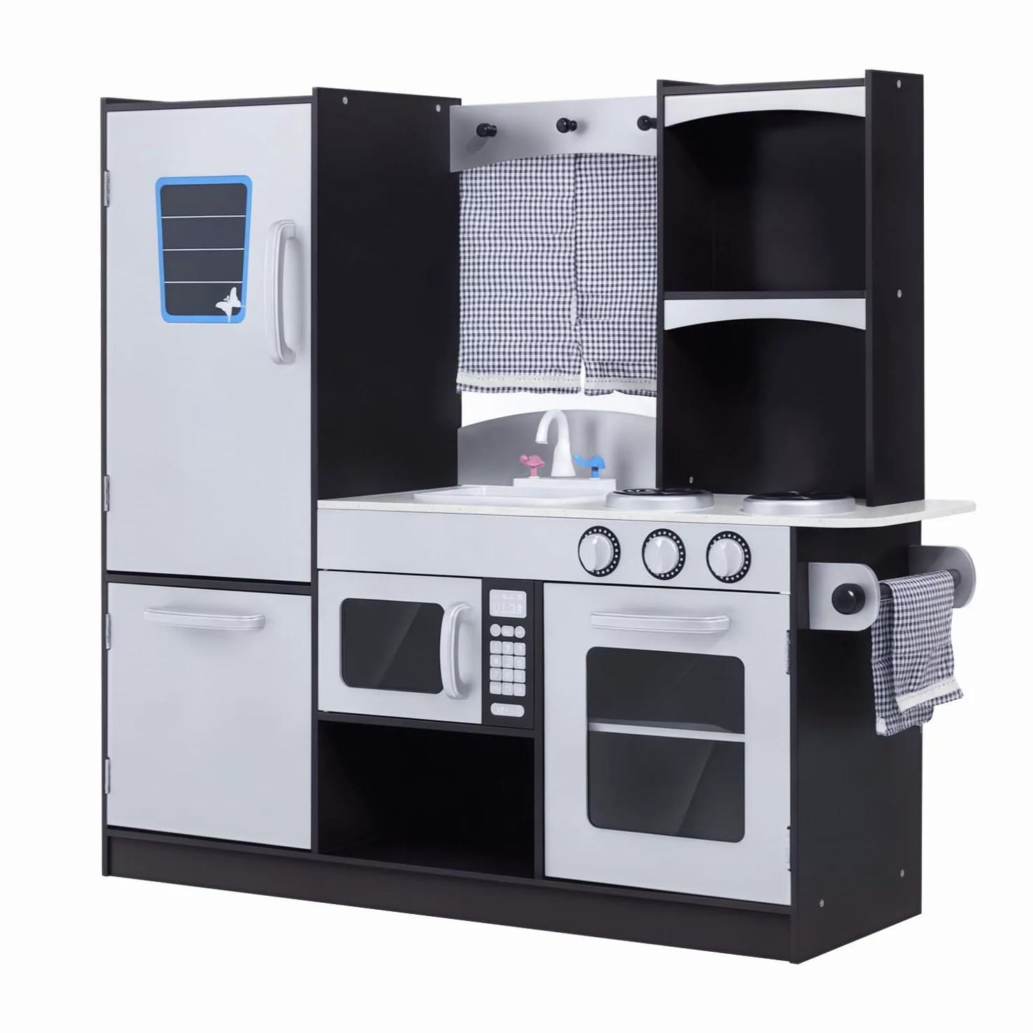 HOMCOM Conina de Juguete con Accesorios 105x31,5x95 cm Plata/Marrón Oscuro | Madera Grande, Niños +3 Años, Cocina Infantil Juguete, Encimera, Juego Imitación, Horno, Microondas, Fregadero