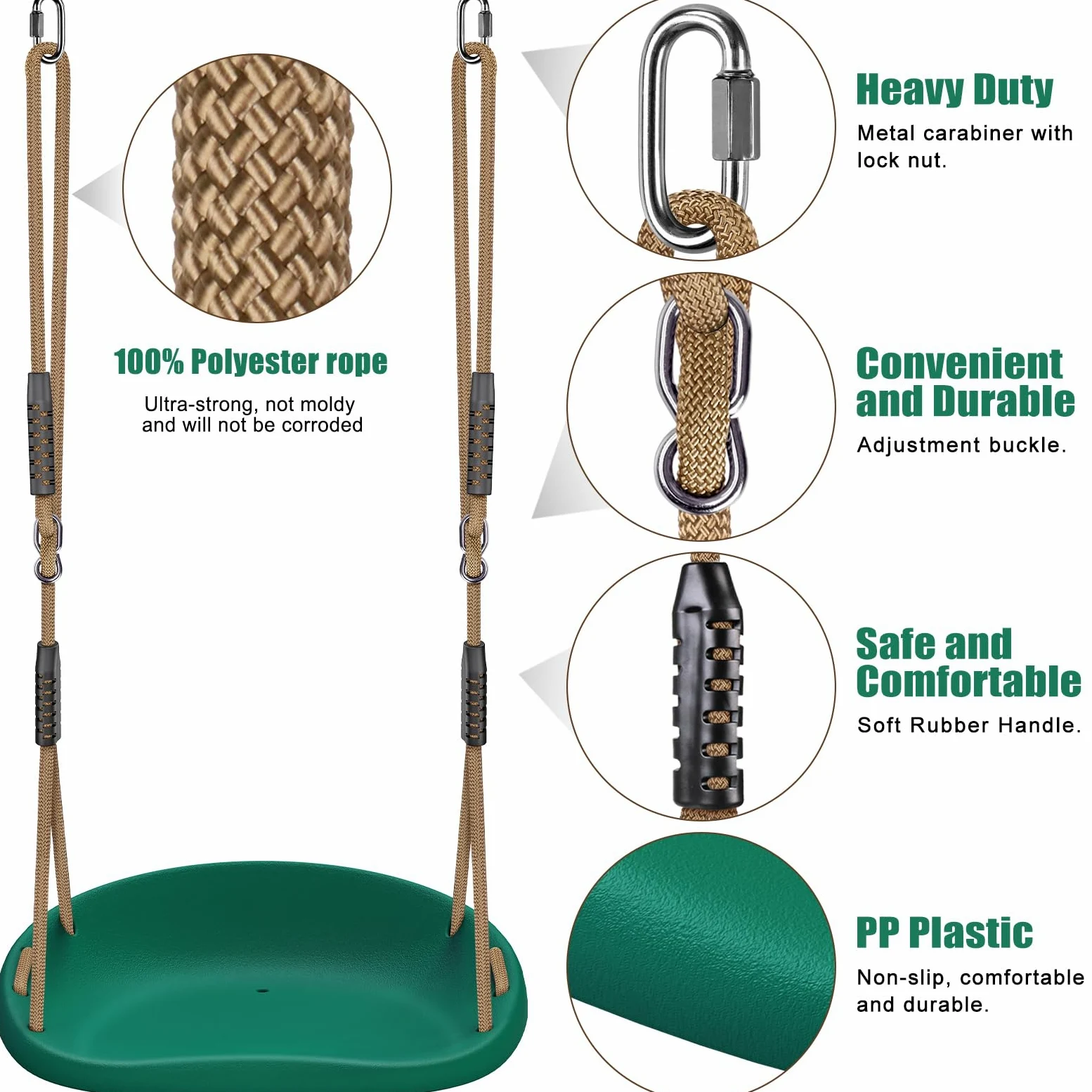 SELEWARE Asiento de columpio de plástico, reemplazo de columpio de árbol antideslizante con cuerda ajustable y 2 mosquetones, juego de columpio de patio de recreo resistente para adultos y niños, para