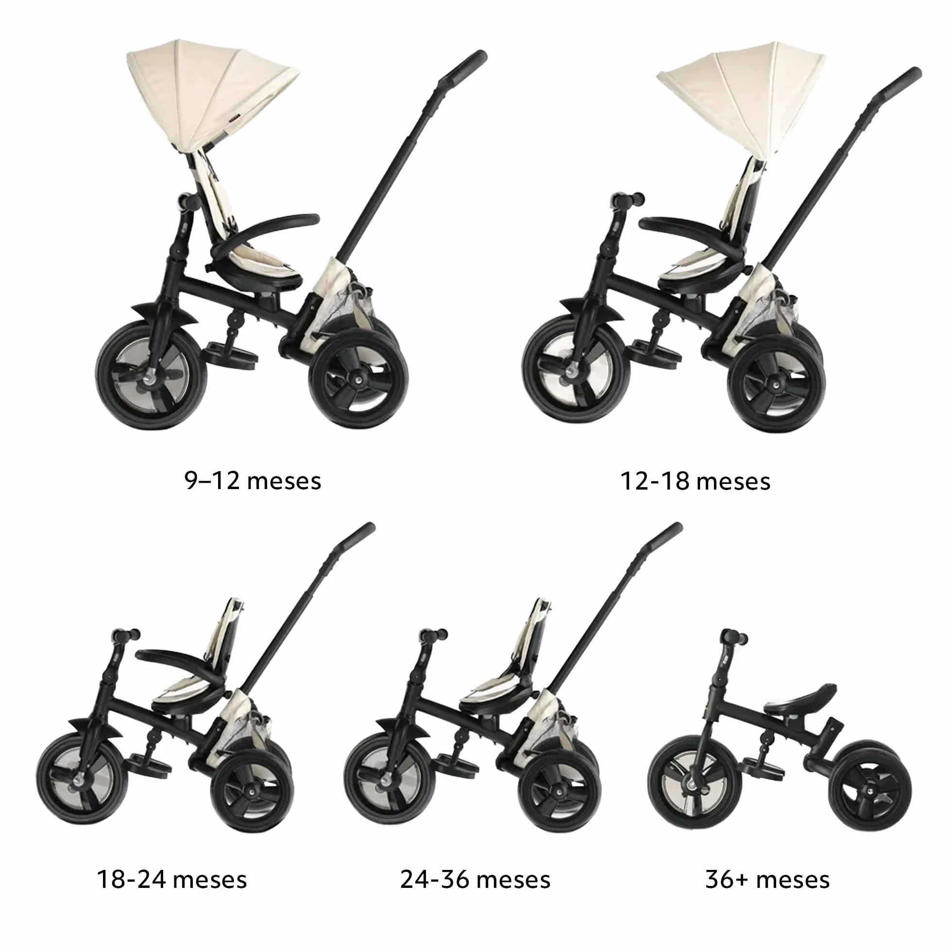 Deryan Explorer Triciclo 9 Meses a 25 kg - Evolutivo, Bicicleta Sin Pedales, Bicicleta Bebe, Plegable, para Niños, Asiento Reversible, Capota con protección Solar, Cesta, Arnés de 5 Puntos - Crema