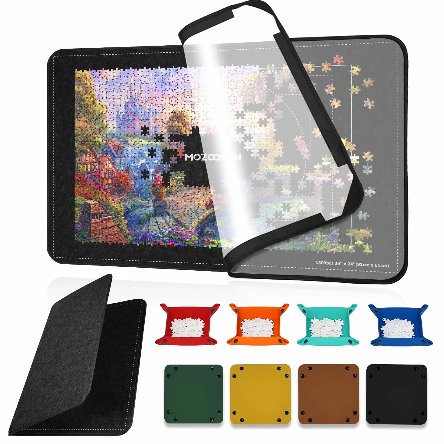 MOZOOSON Tablero de Rompecabezas Plegable, Puzzle Board 1500 Piezas, Accesorios para Mover y Guardar, Tapete Puzzle Portátil 8 Bandejas de Clasificación + 1 Cover
