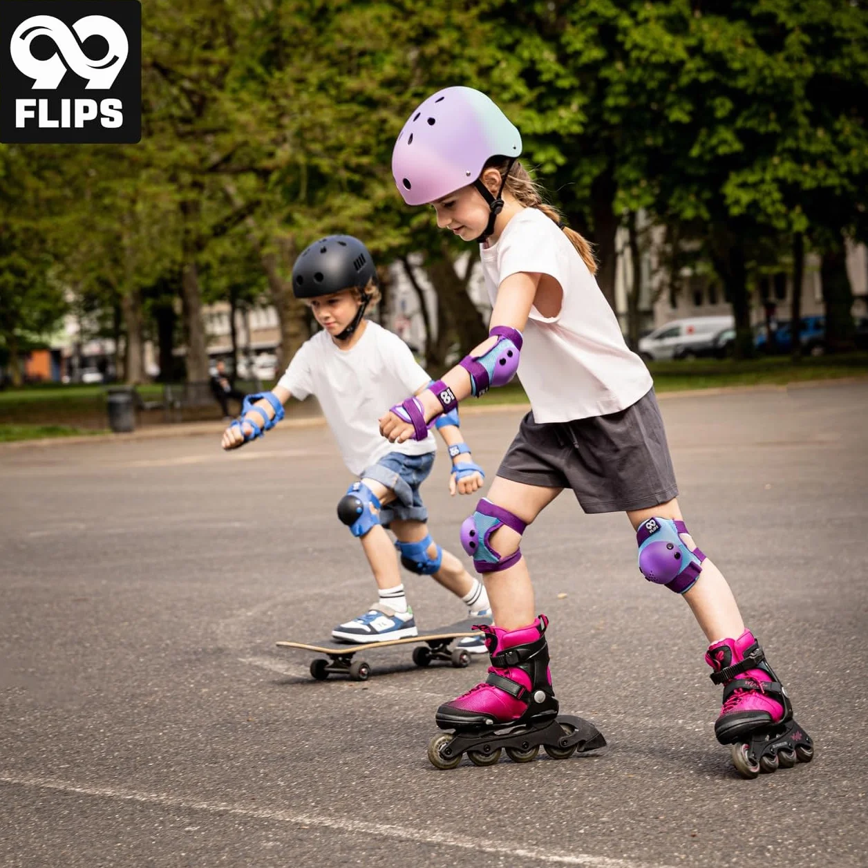99FLIPS Protecciones Patines Niña 3-12 Años Rodilleras Coderas 6 Piezas Protectores Monopatín Patines Línea BMX