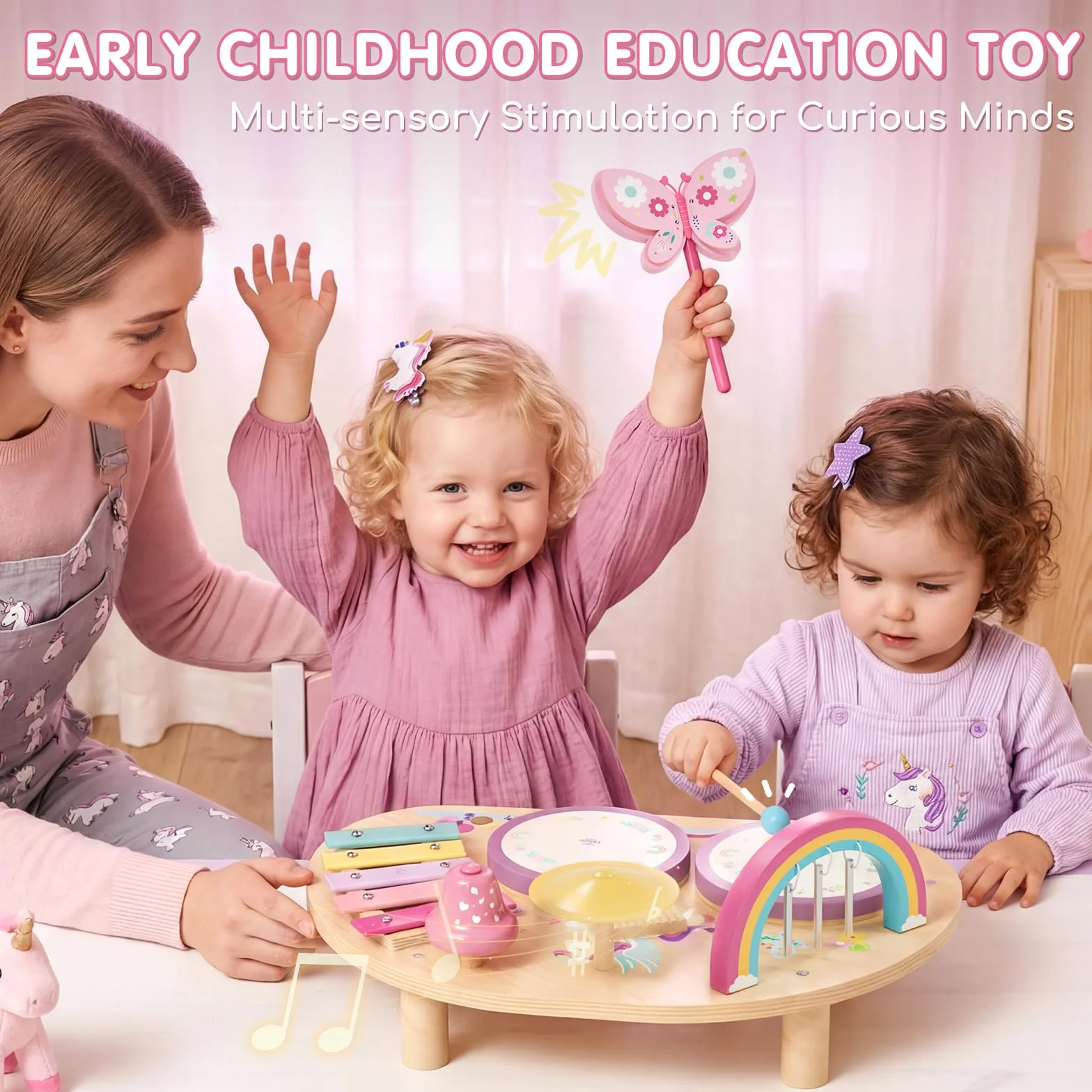 Lehoo Castle Montessori Juguetes 1-3 Niños, Bebe Tambor Bateria Infantil, 9 IN 1 Instrumentos Musicales Brinquedos Juguetes de Mader Regalo Brinquedos Niño Niña 2 3 4 5 Años (Unicornio)