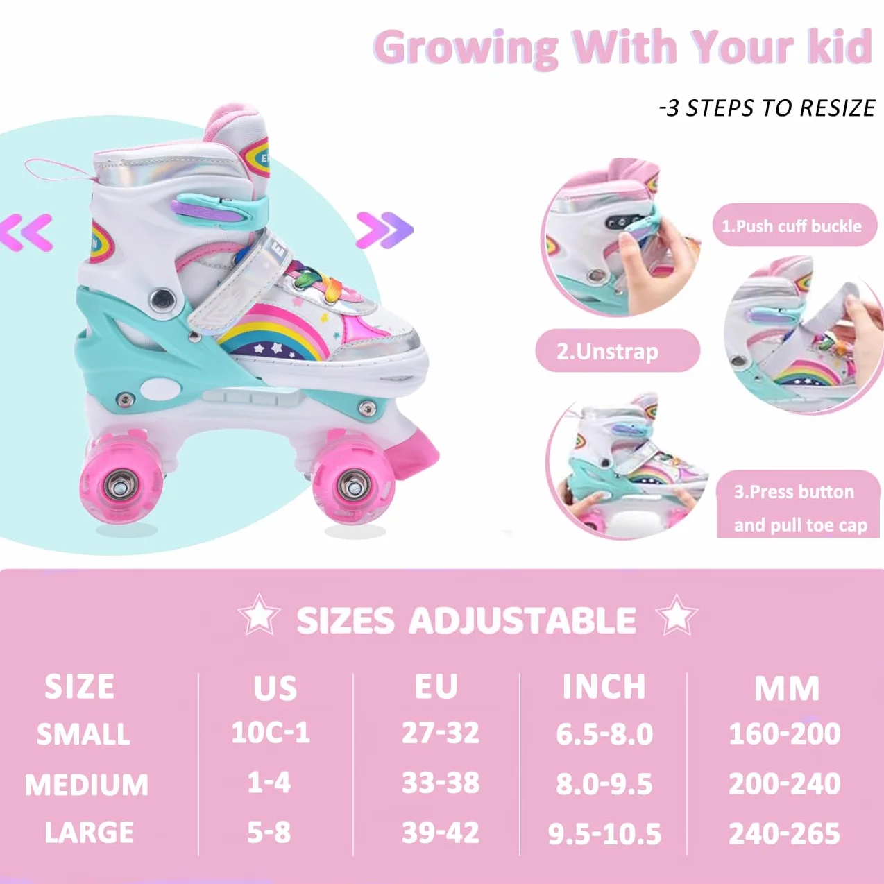 ERNAN Patines 4 Ruedas Ajustables Brillan Oscuridad Niños Principiante Regalo