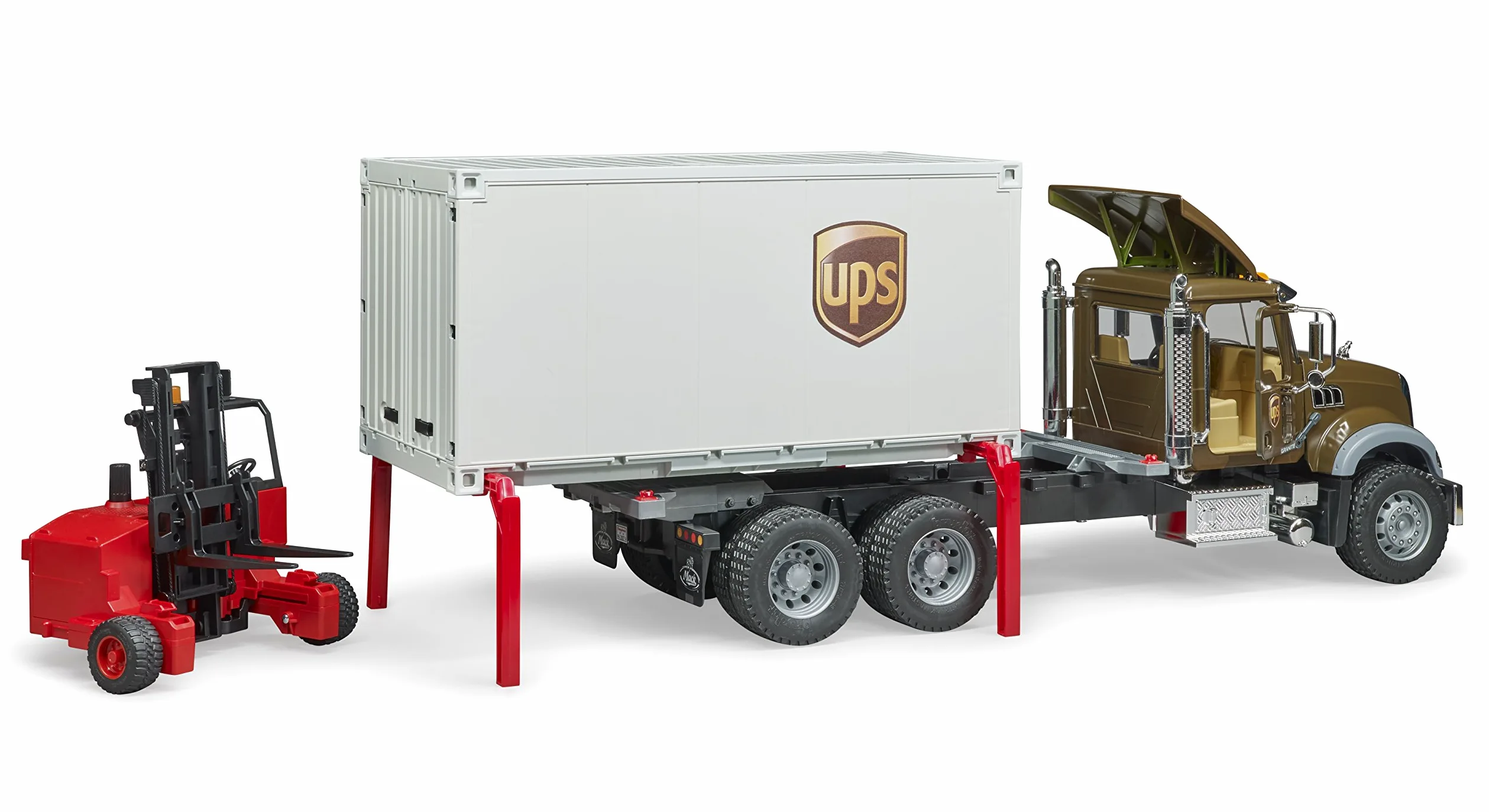 bruder 02828 - Mack Granito UPS Logística Camión Incluido Carretilla Elevadora | Vehículo de logística con carretilla elevadora, servicio de paquetería, envíos, juguete a partir de 4 años, 1:16
