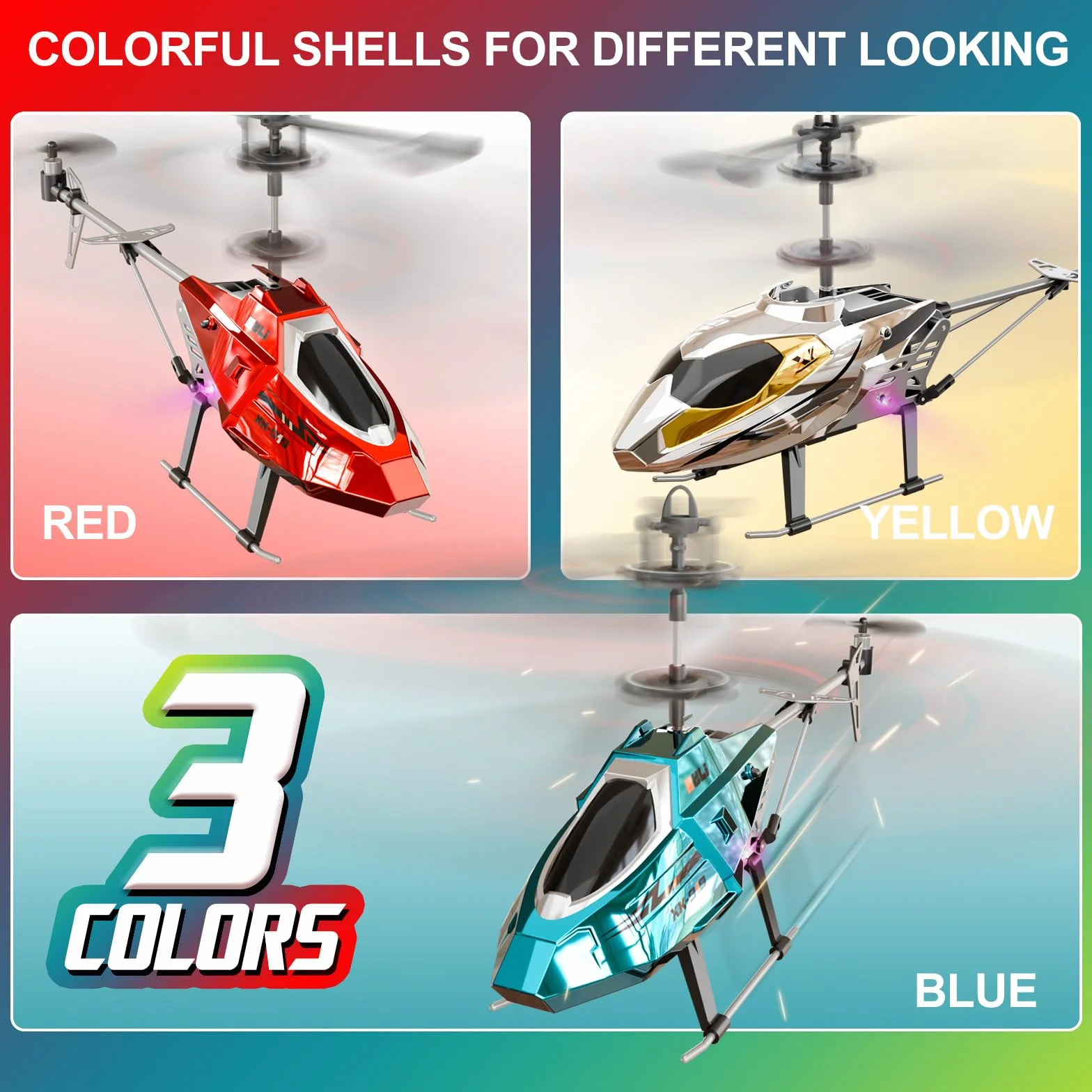 XIKOTEC Helicóptero Teledirigido para Niños, RC Helicóptero con 2 Baterías, Mantenimiento de Altitud, Luz LED y 3 Carcasas Metálicas Intercambiables, Avión Teledirigido 2.4GHz para Principiantes
