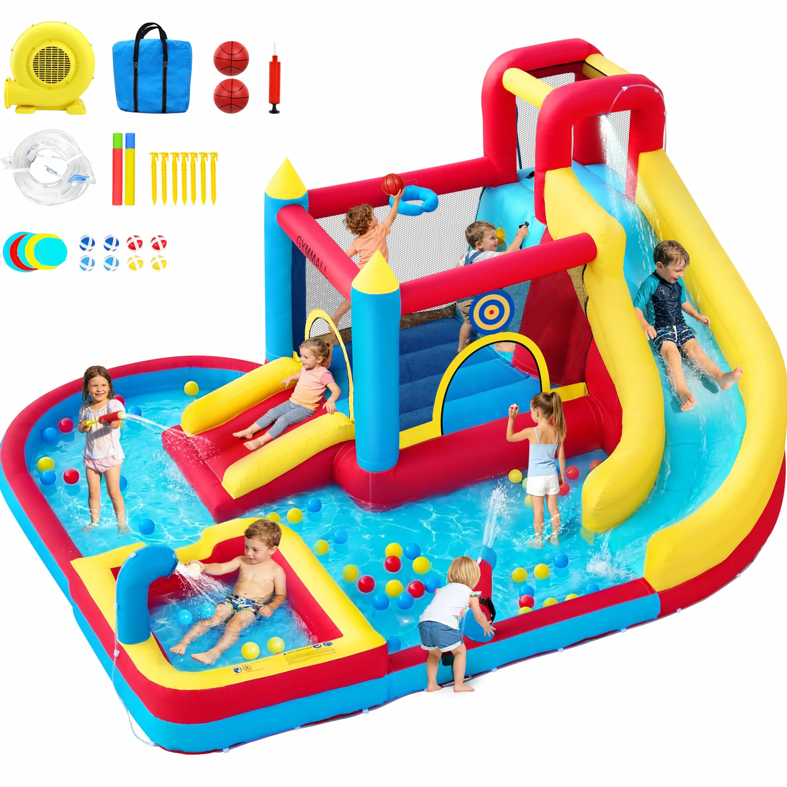 Castillo Hinchable para Niños, 8 en 1 con Soplador 480W, Tobogán Largo, Pared de Escalada, Trampolín y Zona de Chapoteo, Ideal para Uso Interior y Exterior en Vacaciones