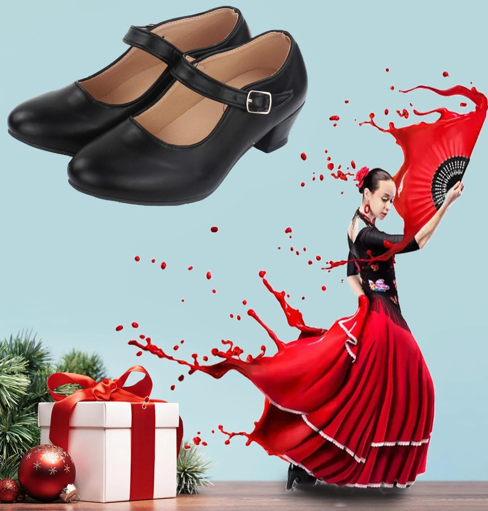 Zapatos Flamenco para Niña de Danza, Calzado de Baile Sevillana, Tacones con Cuña Cómodos