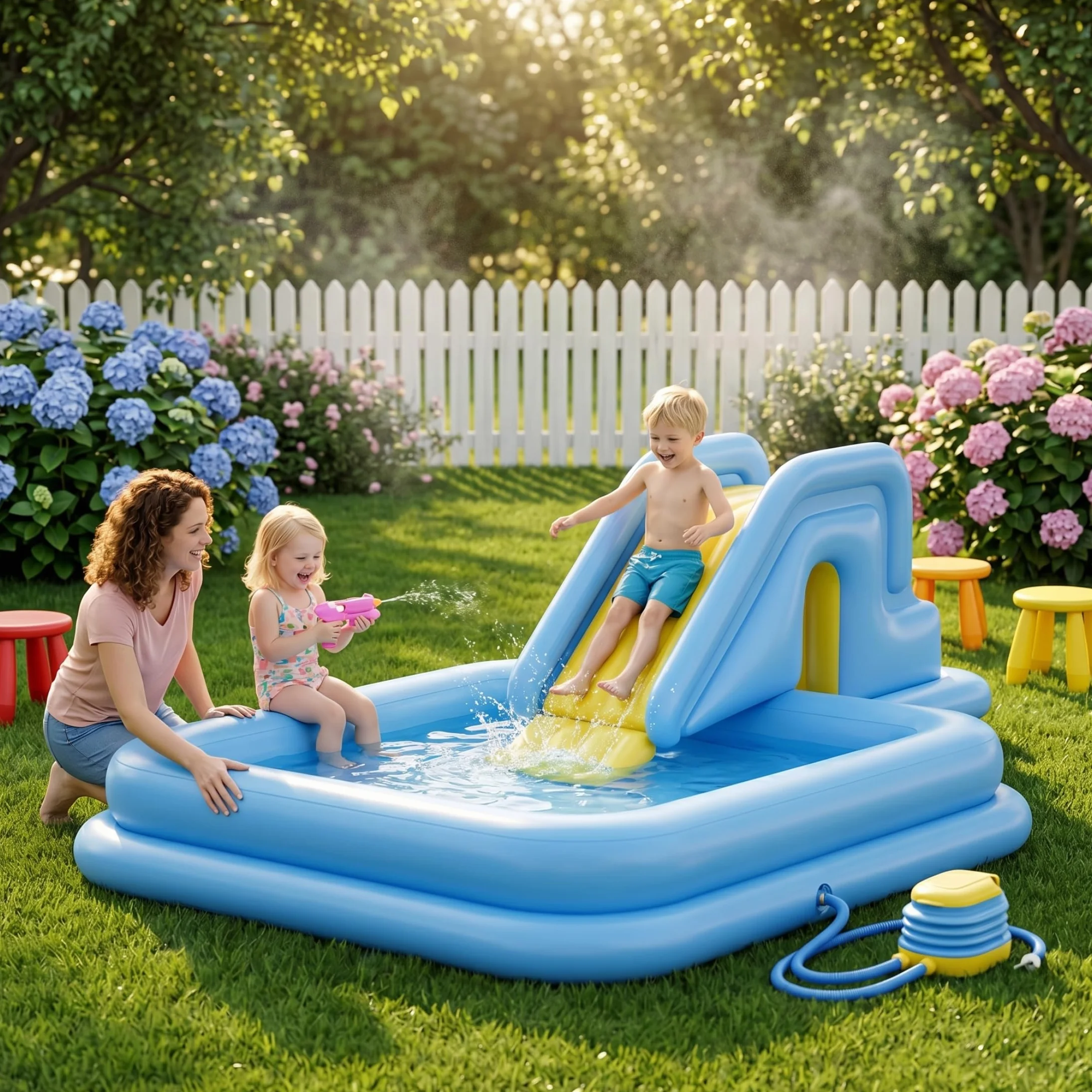 Tobogán Inflable para Piscina Azul Claro con Bomba de pie