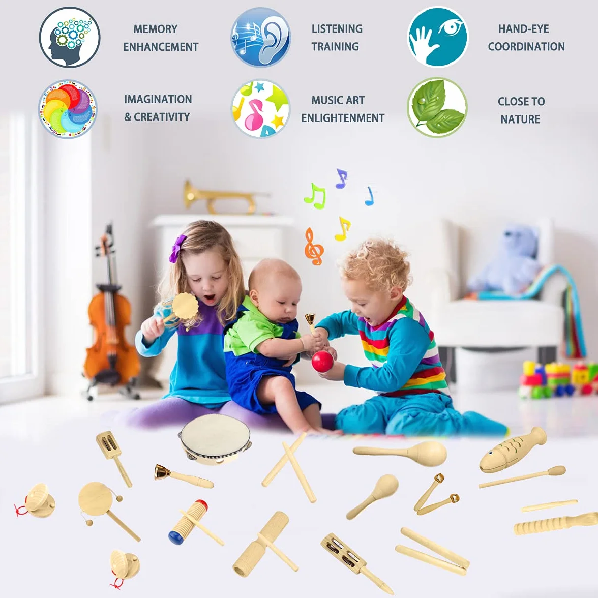 Instrumentos Músicales Infantiles, 27pcs Percusion Musicales Madera Set para Infantil, Niños y Bebe, Madera 100% Puro de Juguete Musical, Kit de Ritmo de Percusión Premium y Bolsa de Algodón