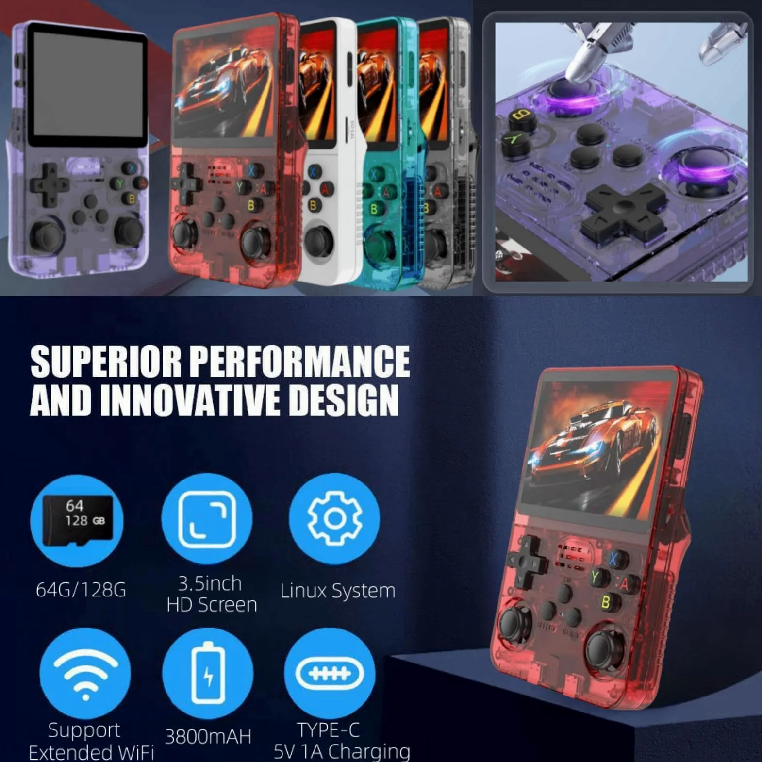Portable Retro Handheld Game Console, 3.5inch IPS Screen, 10+ Mainstream Emulator, 64G TF Card, 15000+ Classic Games, 3500mAH Battery (64G Red)