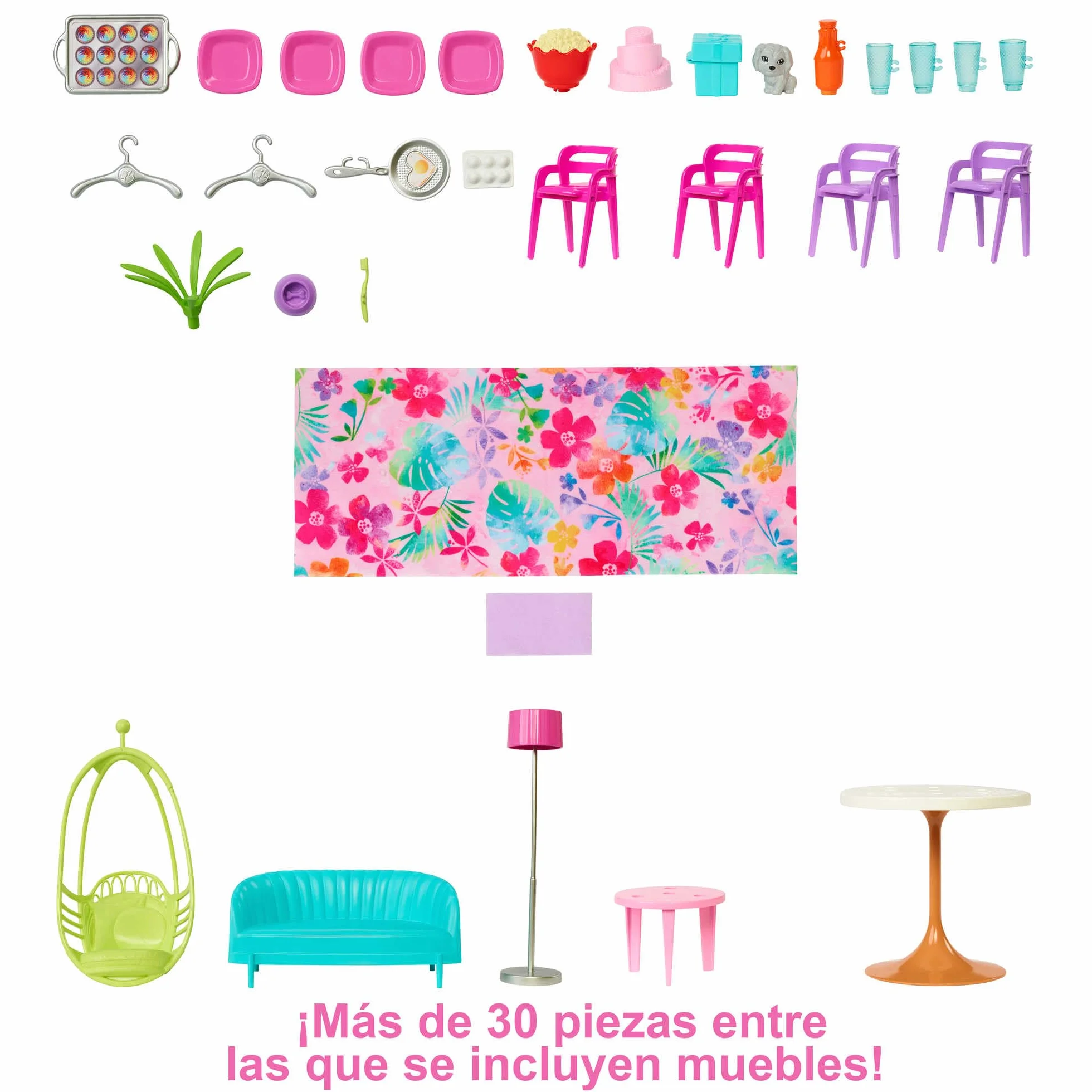 Barbie Casa Malibú Casa de muñecas plegable 2 pisos con 6 habitaciones y muebles, incluye 30 accesorios, juguete de regalo +3 años (Mattel HCD50)