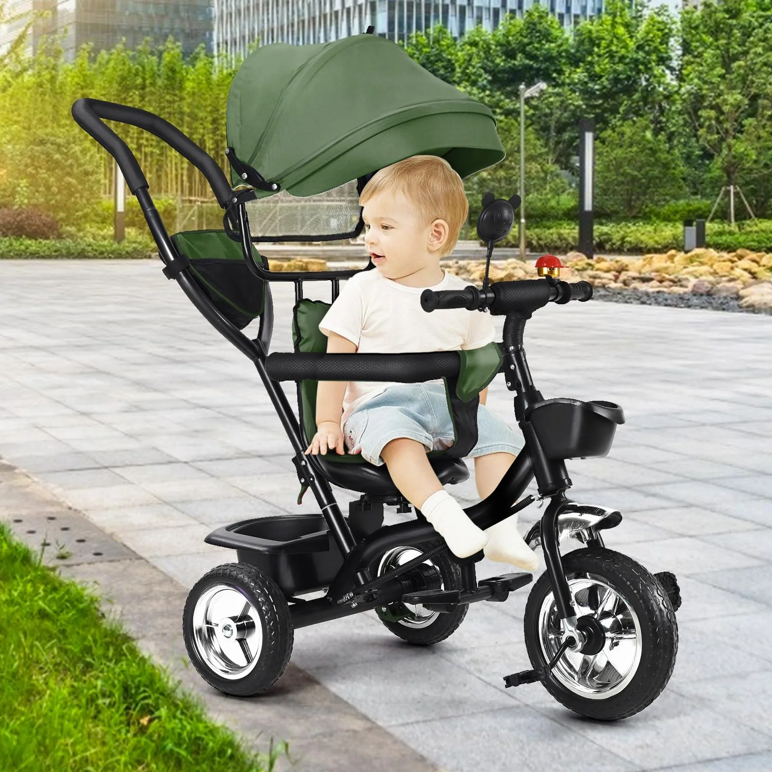 OHMG Triciclo bebé evolutivo 5 en 1 bicicleta. Silla de paseo con mango de empuje, toldo desmontable, cinturón de seguridad de 5 puntos, almacenamiento, reposapiés, freno, para niños de 1 a 5 años
