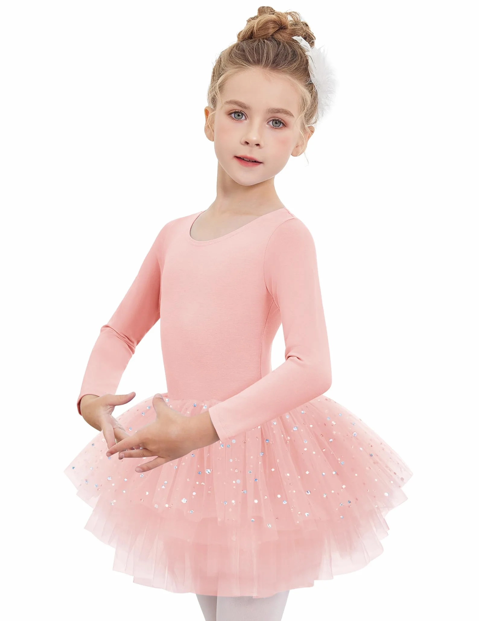 Arshiner Vestido de Tutú de Ballet para Niñas Malla de Manga Larga 4 Capas Falda Brillante Traje de Baile 2-11 años