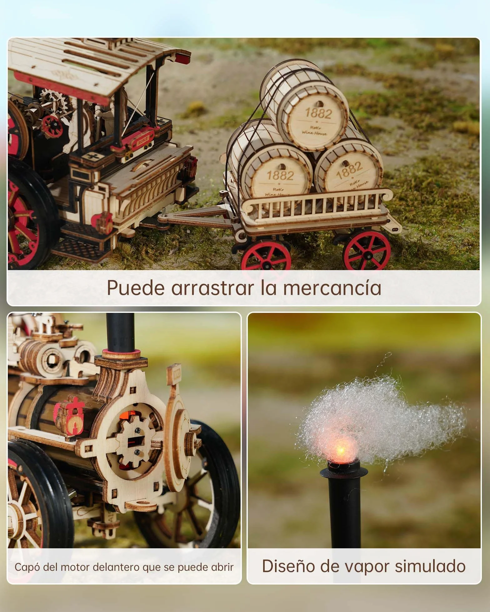 ROKR Puzzle 3D Madera Auto Maquetas para Construir Adultos, Kits de Modelos de Locomotoras de Vapor, Puzzle de madera para coche, 469 piezas, Steam Locomotive, LKA01