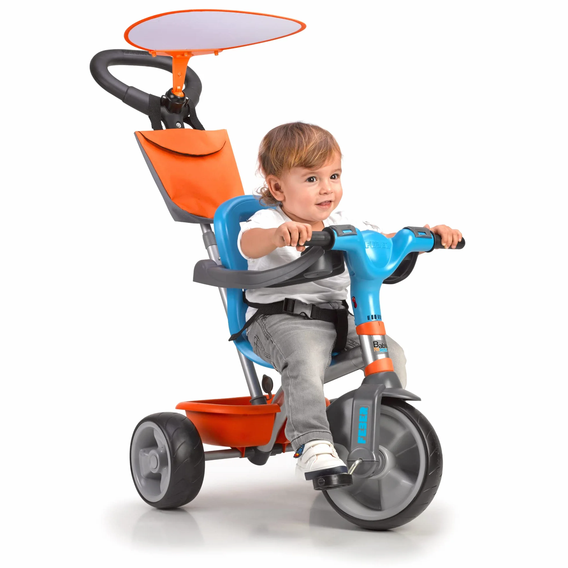 FEBER - Baby Plus Music, Triciclo para Niños con Estructura Metálica y Cinturón de Seguridad, 2 Posiciones, Silla de Empuje y Mando para Música con Altavoz, 9 Meses+, Azul, Famosa (800012100)