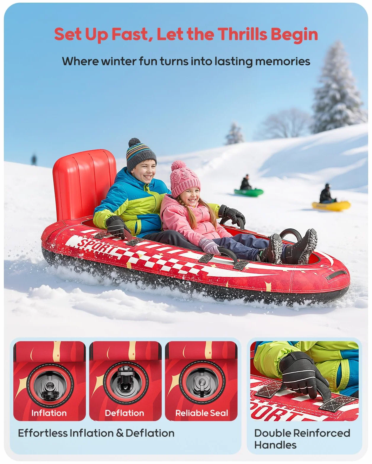QPAU Trineo de nieve inflable para 2 personas con cubierta de lona, respaldo y asas reforzadas