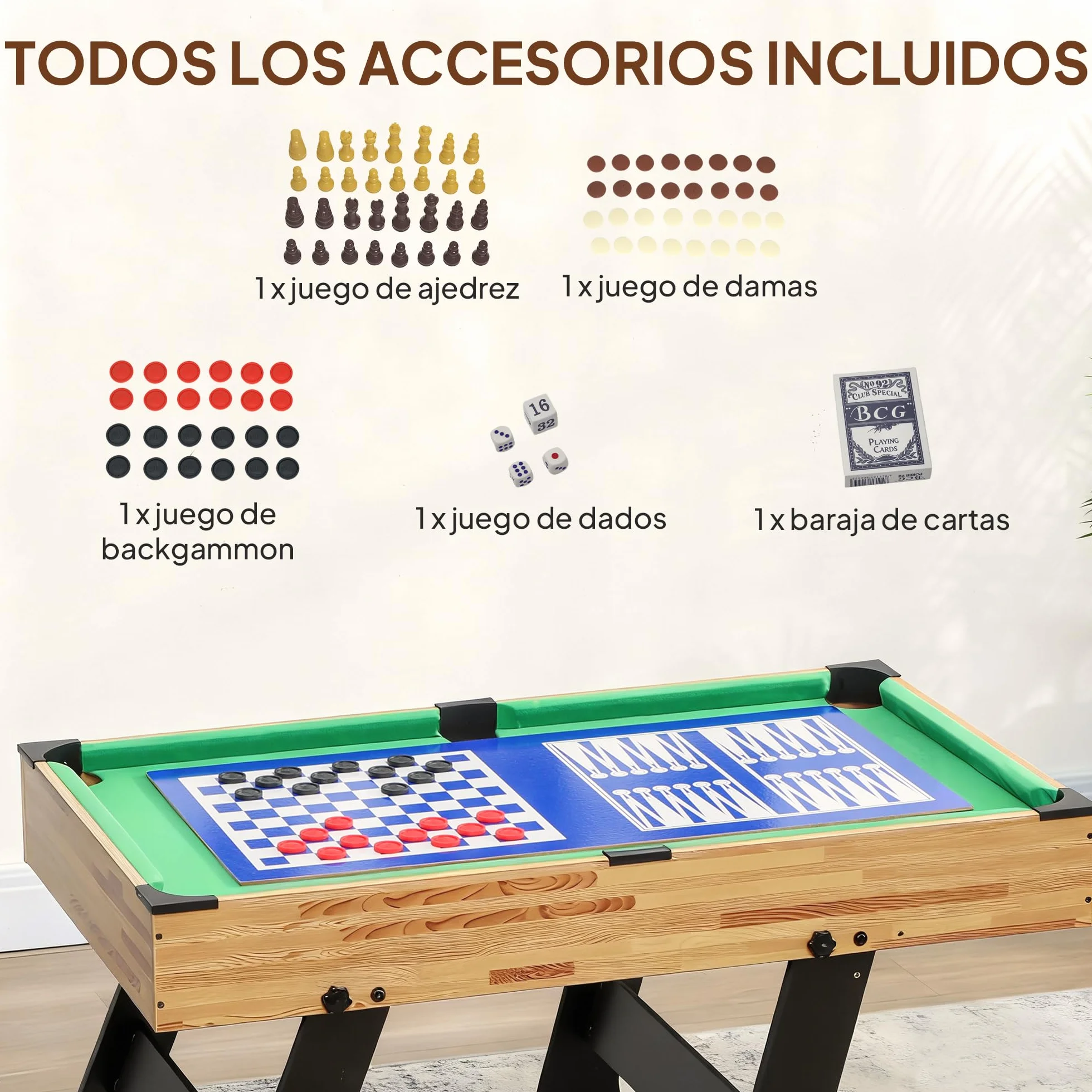SPORTNOW Mesa Multijuegos Plegable 13 en 1, Mesa de Juego con Futbolines para Niños, Billar, Ping-pong, Hockey, Ajedrez, Damas, Backgammon y Accesorios, Diversión Familiar para Adultos y Niños Natural