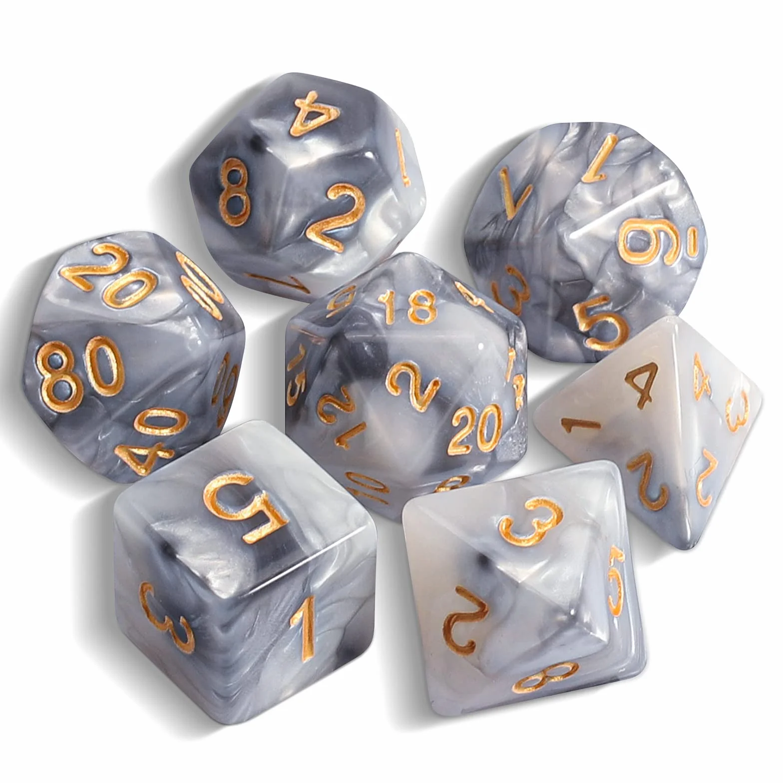 QMAY DND - Juego de dados poliédricos de 7 piezas para Dungeon and Dragons MTG RPG D&D D20, D12, D10, D%, D8, D6, D4 (gris mezclado blanco)