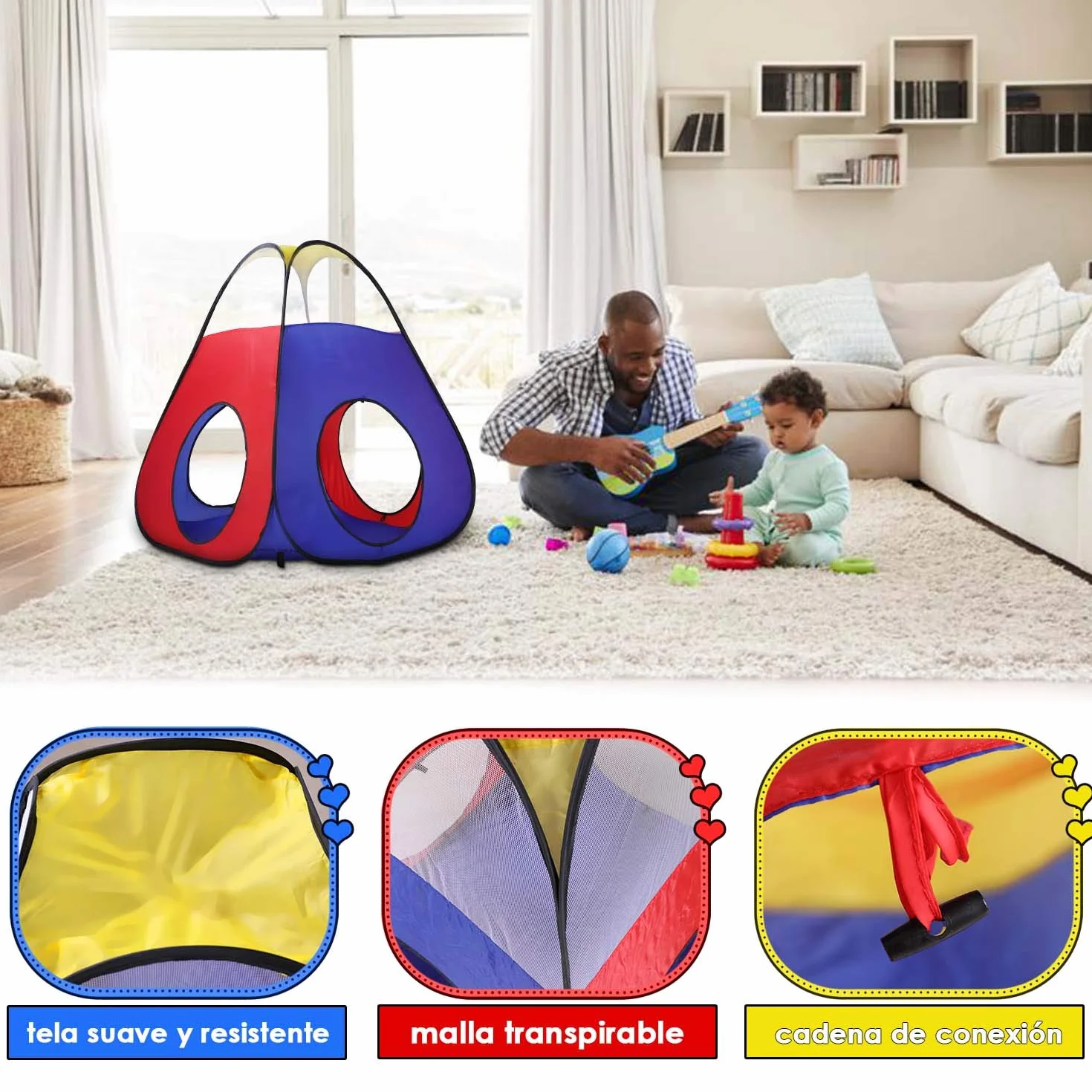 Opret Tienda Campaña Infantile 4 en 1 Pop-up Casita Infantil con Tunel Parque Infantile Plegable para Jardín y Casa, Regalo de Cumpleaños para Niños