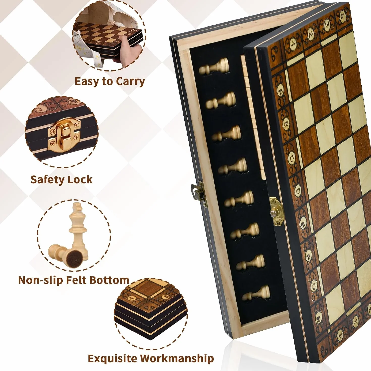 Aissom Juego De Ajedrez, 2 En 1 Madera, Ajedrez Magnetico Plegable con Ranuras de Almacenamiento,para Viaje Fiesta Regalos, Ajedrez De Viaje, Juego De Ajedrez para niños (29x29cm)