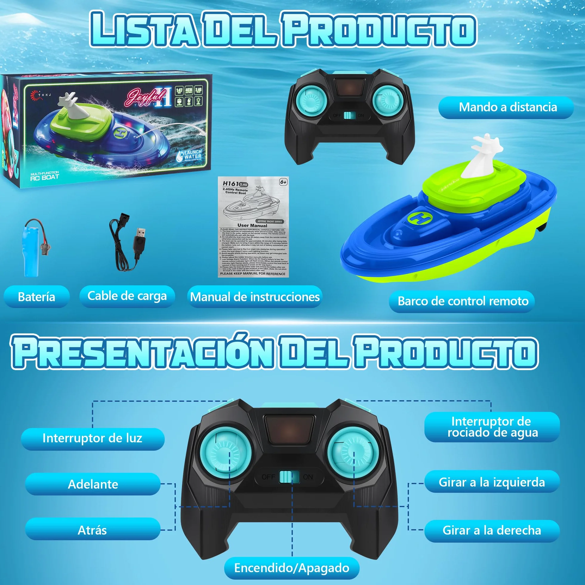 FORMIZON Submarino Teledirigido, Barco Teledirigido con Pulverizador de Agua, Barco RC con Luces y Resistentes al Agua Lancha Teledirigida Niños con Función de Piloto Automático (Azul)