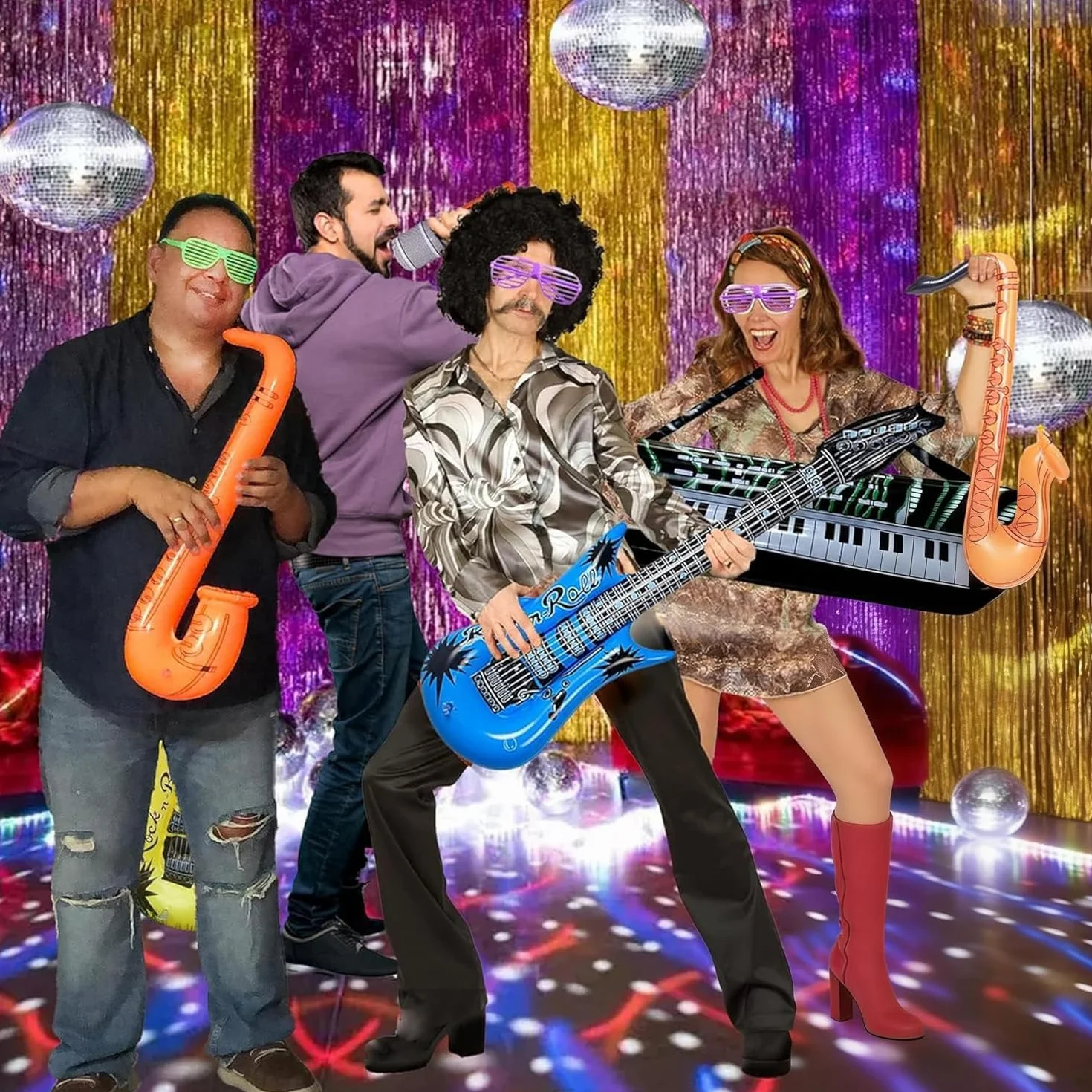 16pcs Juegos de Instrumentos inflables,Juego Estrella de Rock Inflable,Guitarra Inflable, micrófono saxofón, Gafas de Sol, Accesorios de Fiesta inflables