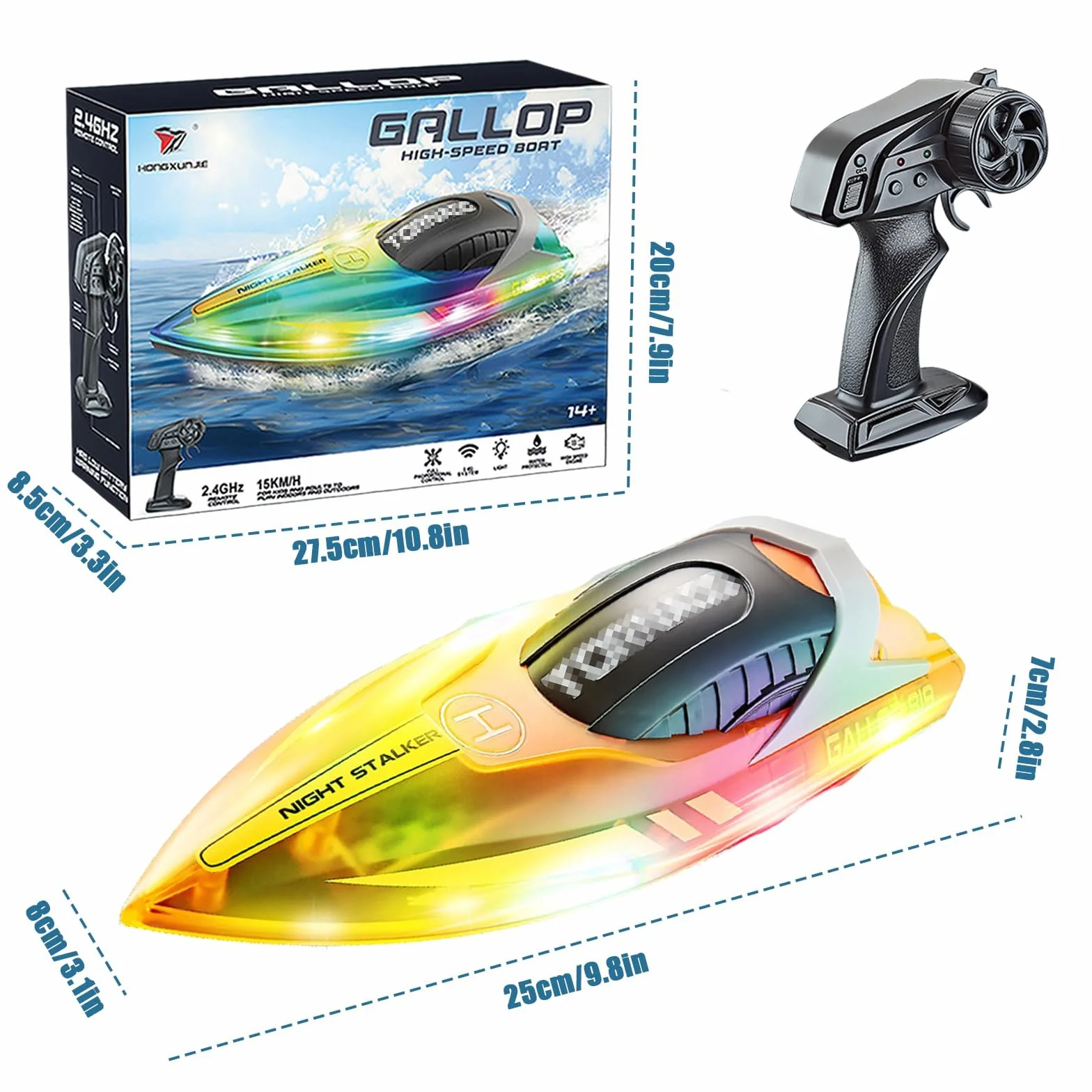 Forhome Barco teledirigido, 2,4 GHz con luces LED, 15 km/h, barco teledirigido, barco de carreras RC, lancha de velocidad, juguete de piscina para niños y adultos (naranja) (B)