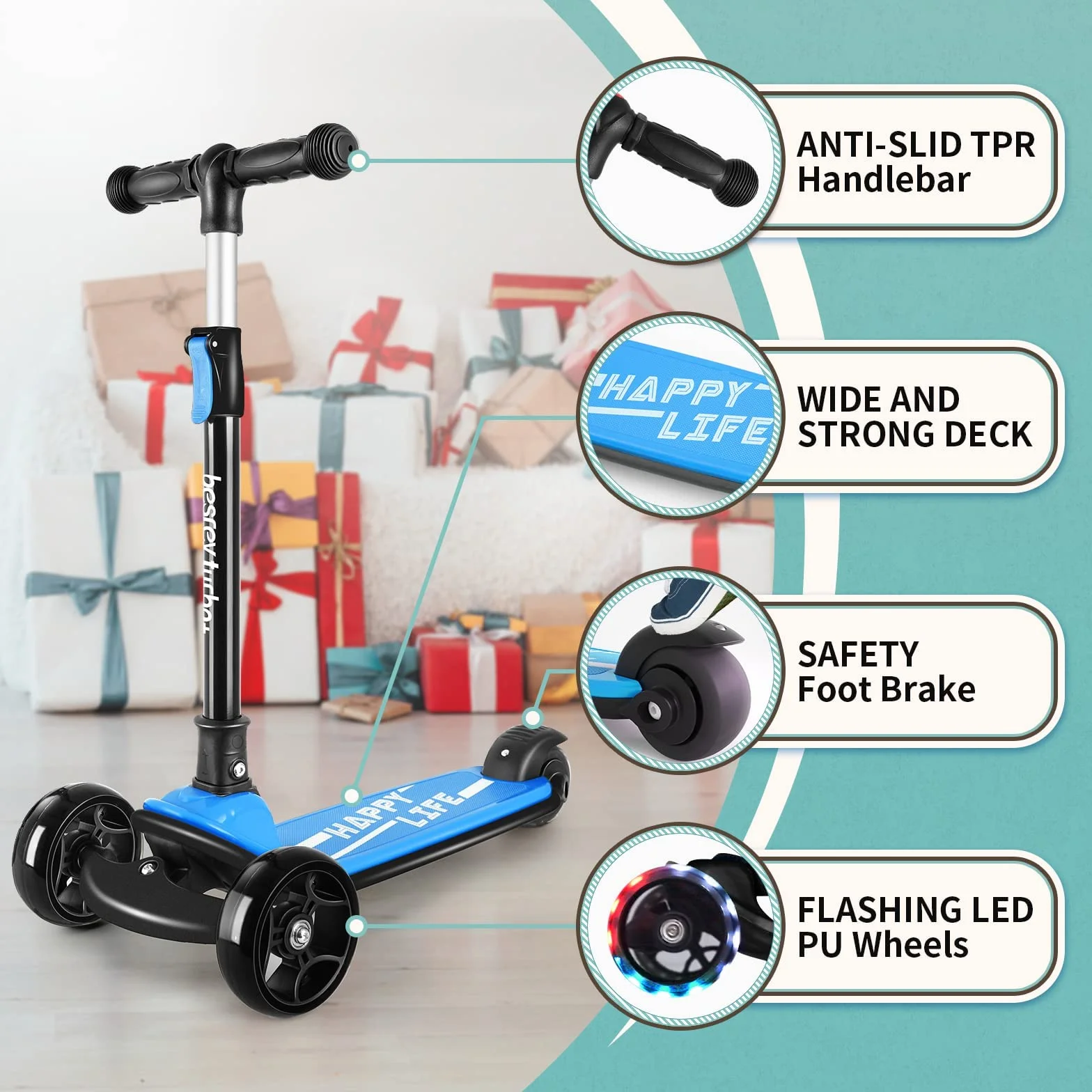 besrey Patinete para niños – Big Wheels Plegable con Luces LED Intermitentes para niños y niñas, 4 Niveles de Altura Ajustable, Tabla Ancha para niños de 2 a 8 años